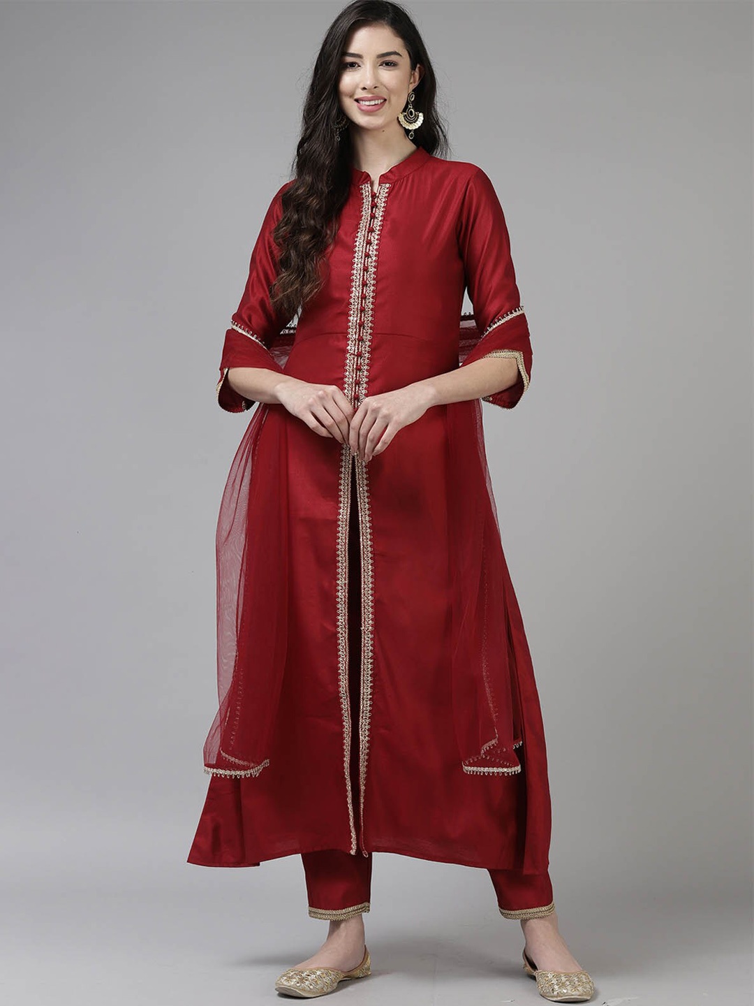 

ODETTE Women Red Embroidered Kurta with Trousers & With Dupatta
