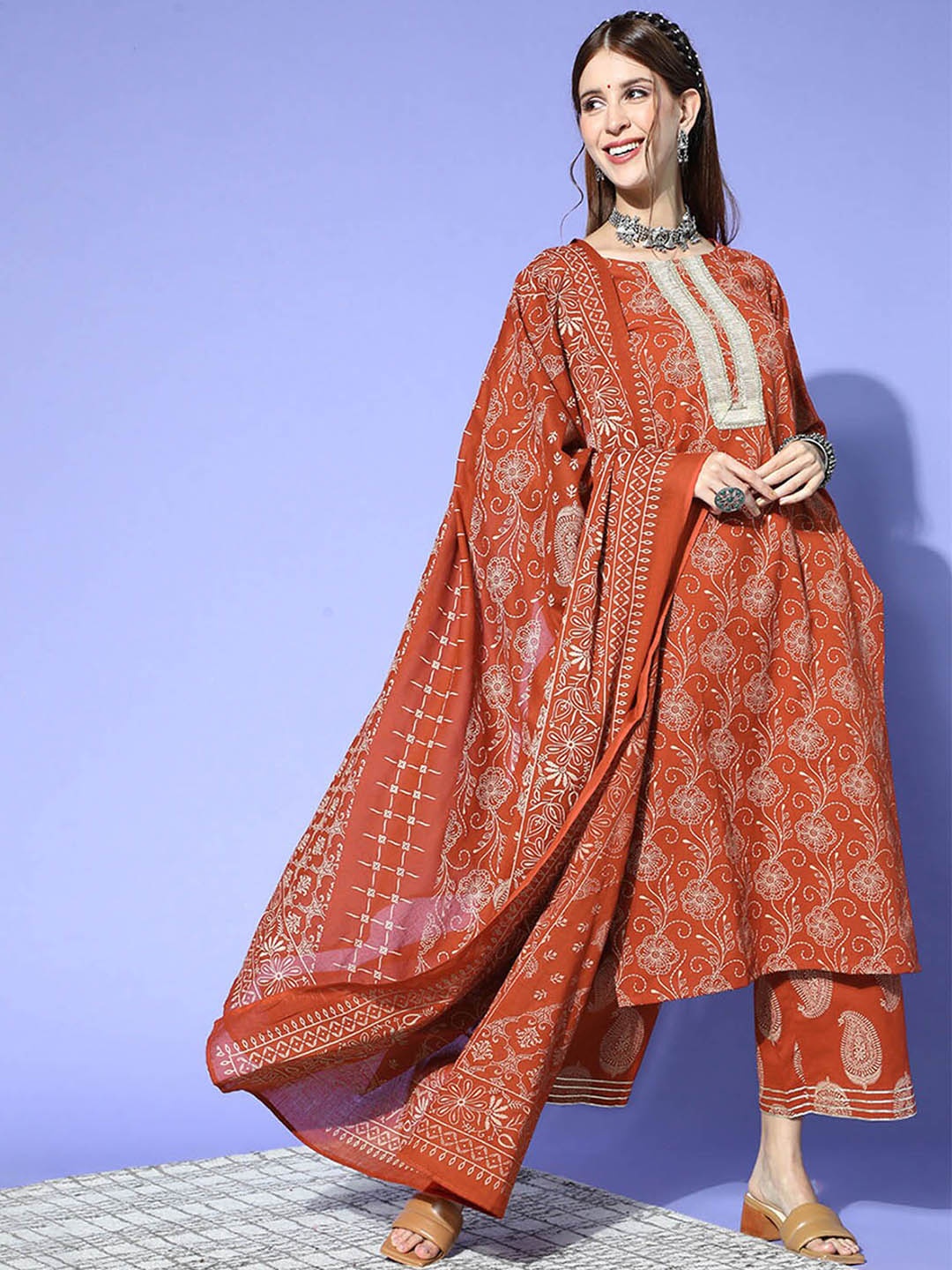 

ODETTE Women Brown Floral Printed Kurta with Palazzos & With Dupatta