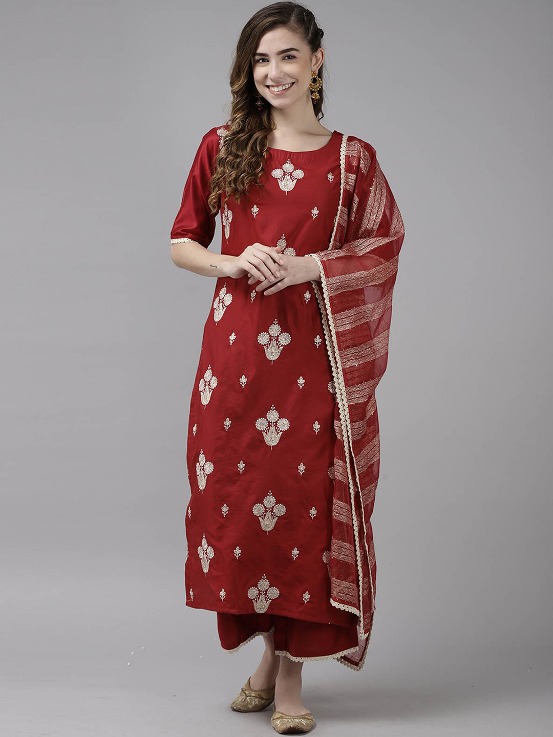 

ODETTE Women Red Floral Embroidered Thread Work Kurta with Palazzos & With Dupatta
