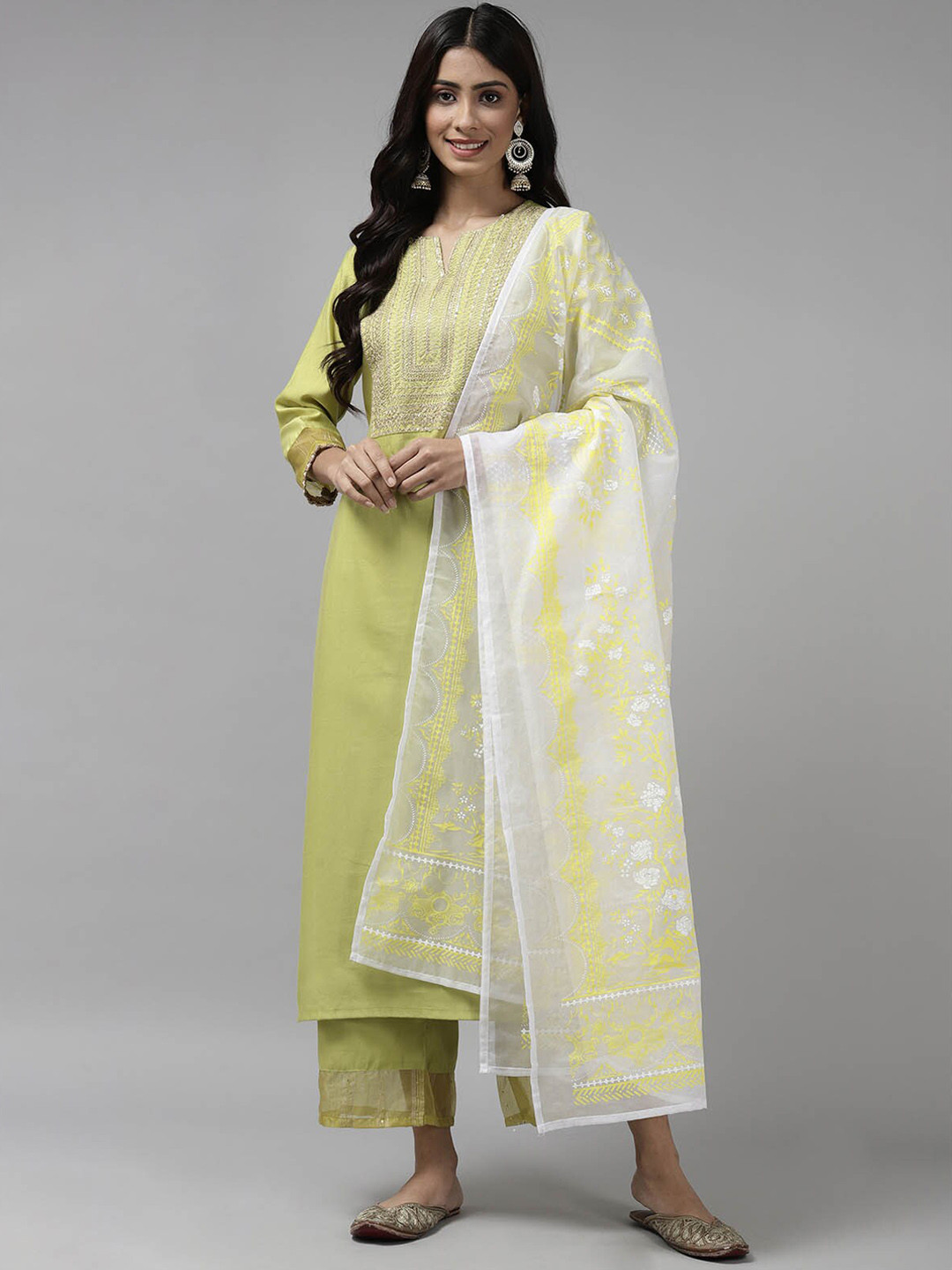 

ODETTE Women Lime Green Yoke Design Sequinned Kurta with Palazzos & With Dupatta
