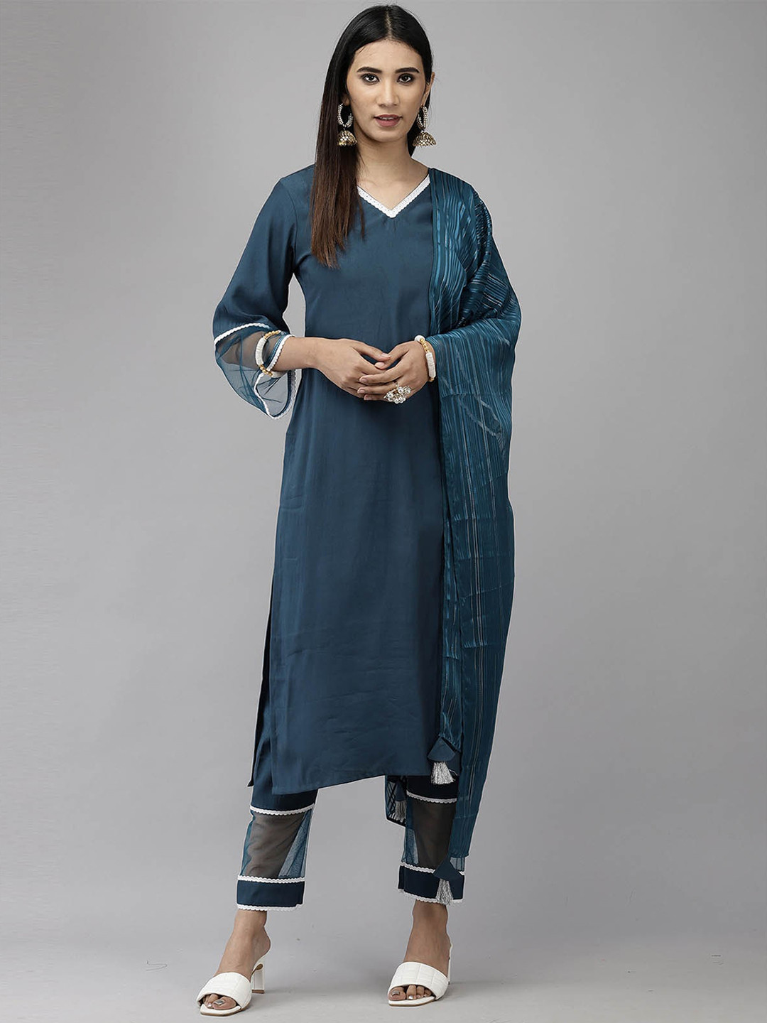 

ODETTE Women Blue Kurta with Trousers & With Dupatta