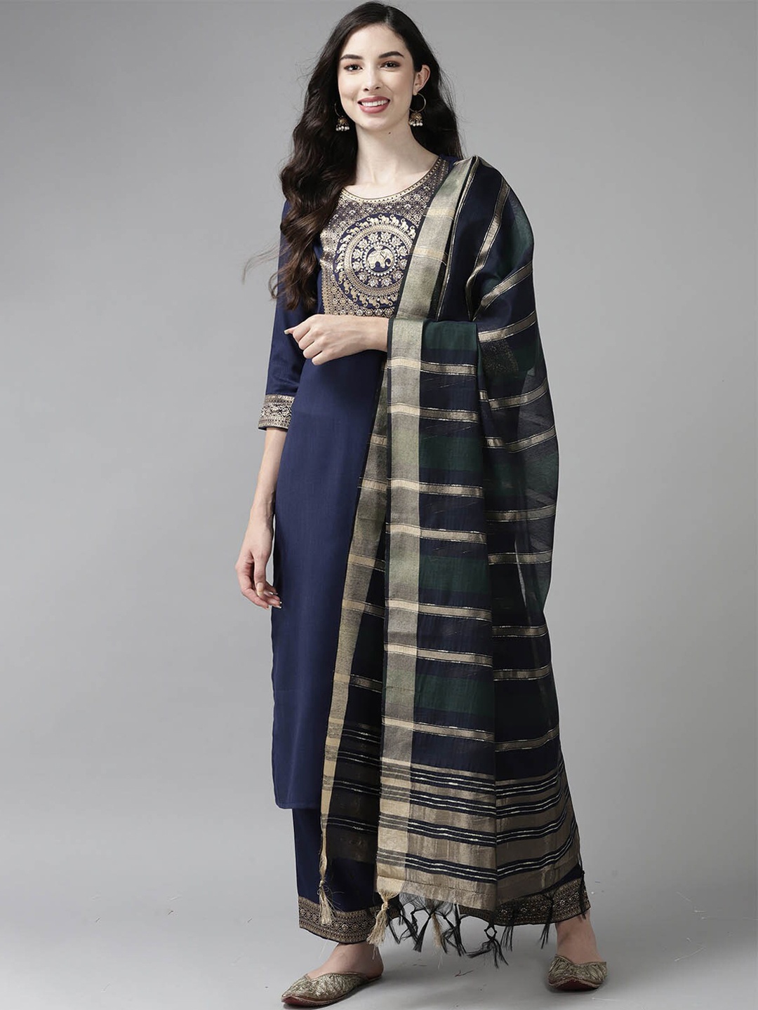 

ODETTE Women Navy Blue Ethnic Motifs Yoke Design Kurta with Palazzos & With Dupatta