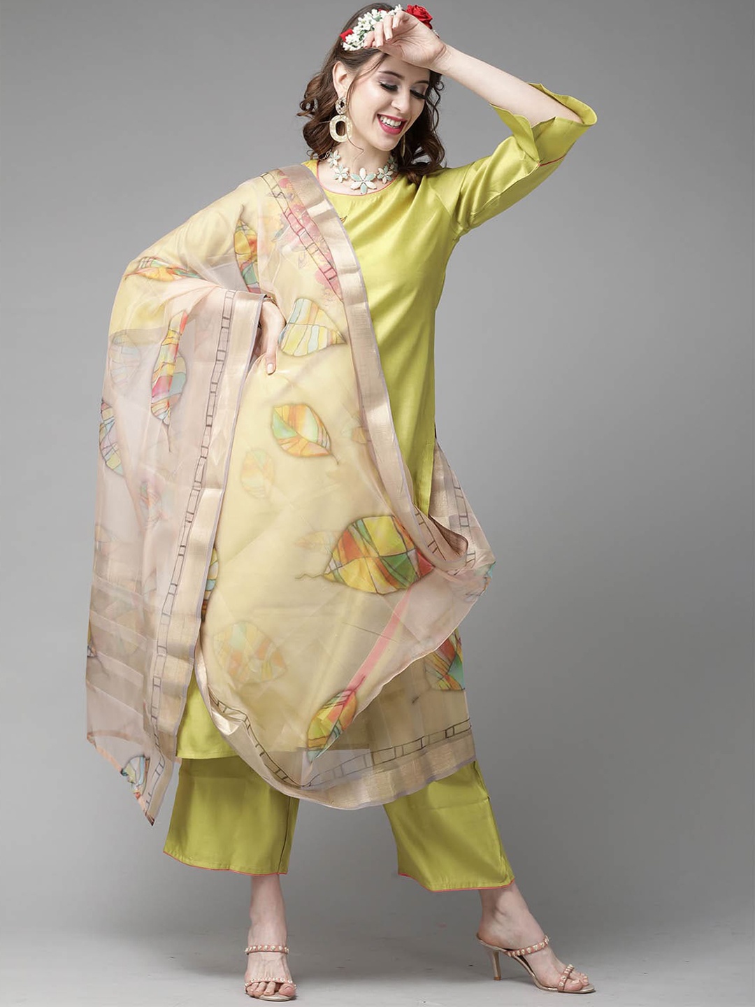 

ODETTE Women Lime Green Floral Embroidered Kurta with Palazzos & With Dupatta