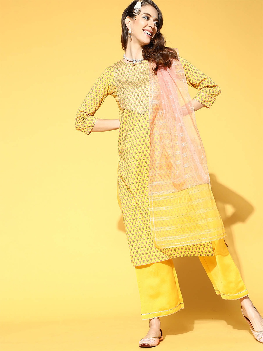 

ODETTE Women Yellow Floral Printed Gotta Patti Kurta with Palazzos & With Dupatta
