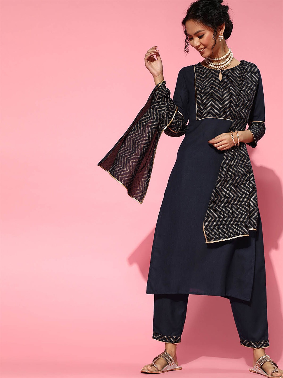 

ODETTE Women Navy Blue Yoke Design Gotta Patti Kurta with Trousers & With Dupatta