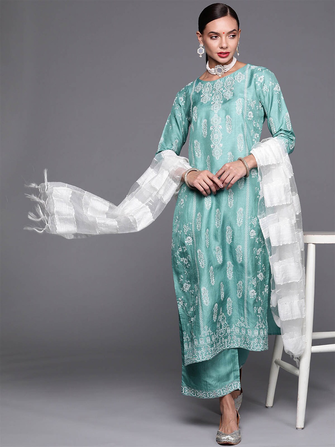 

ODETTE Women Sea Green Ethnic Motifs Printed Kurta with Palazzos & With Dupatta