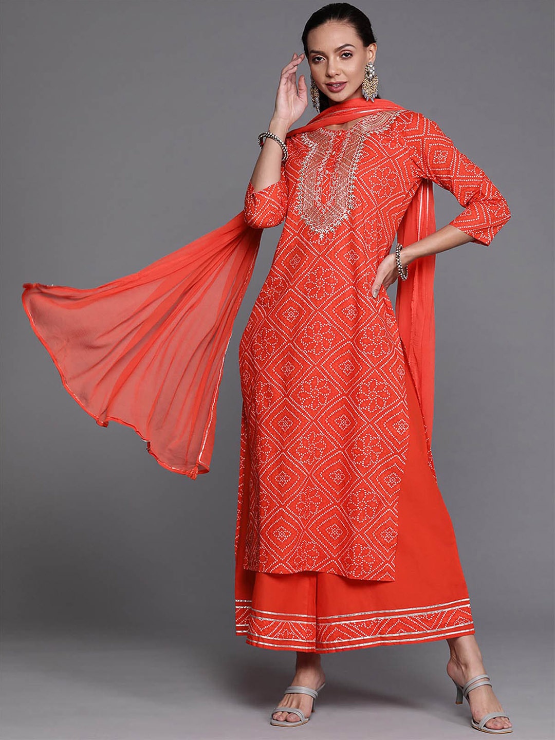 

ODETTE Women Red Bandhani Printed Sequinned Kurta with Palazzos & With Dupatta