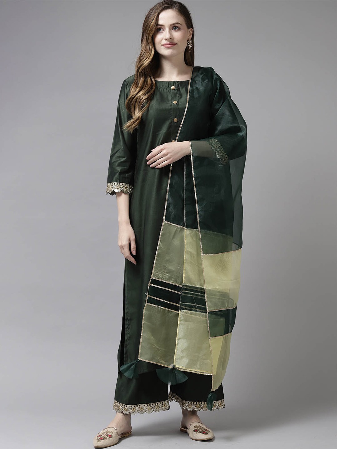 

ODETTE Women Green Sequinned Pure Cotton Kurta with Palazzos & With Dupatta