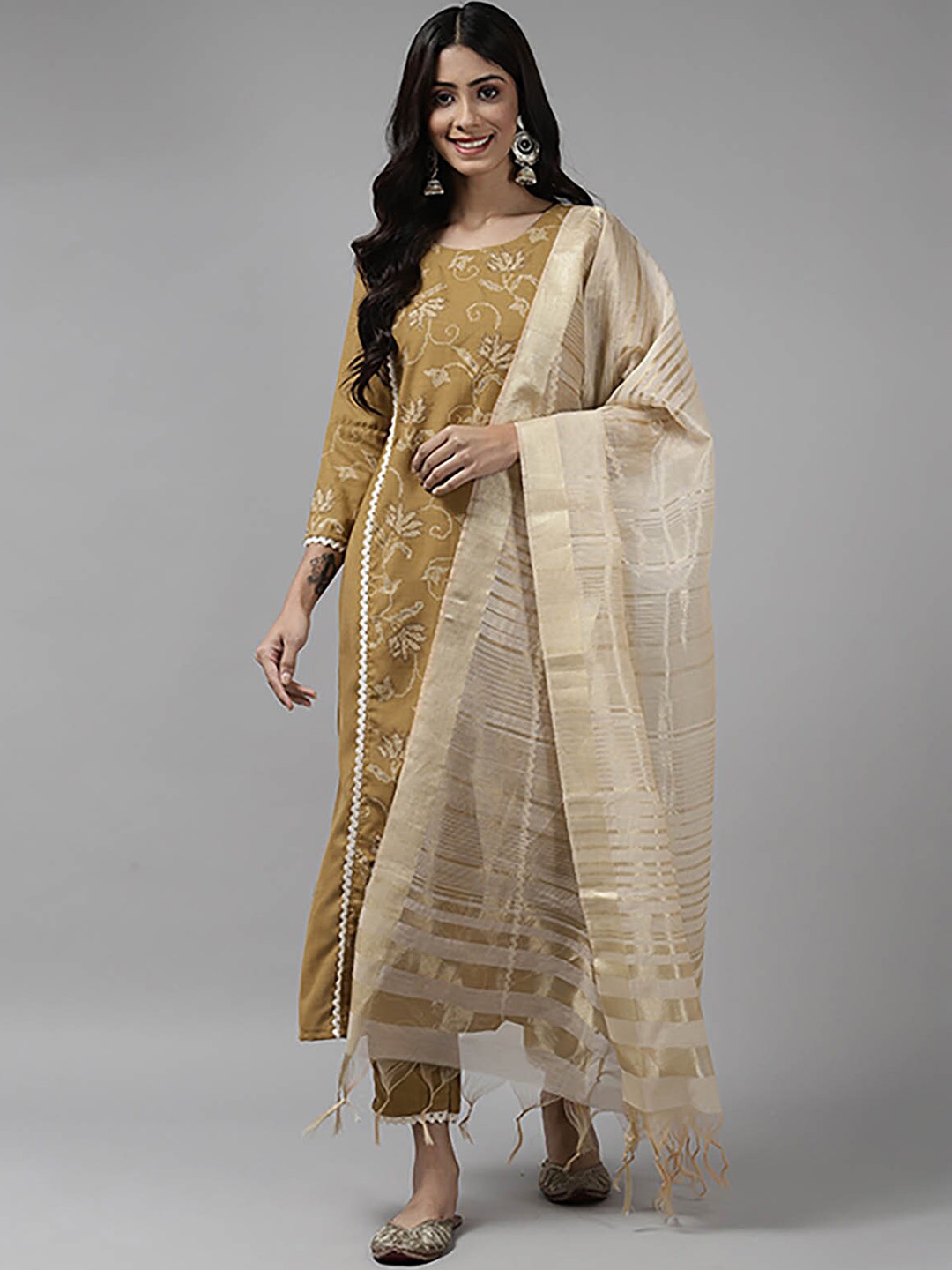 

ODETTE Women Mustard Yellow Floral Printed Panelled Patchwork Kurta with Trousers & With Dupatta