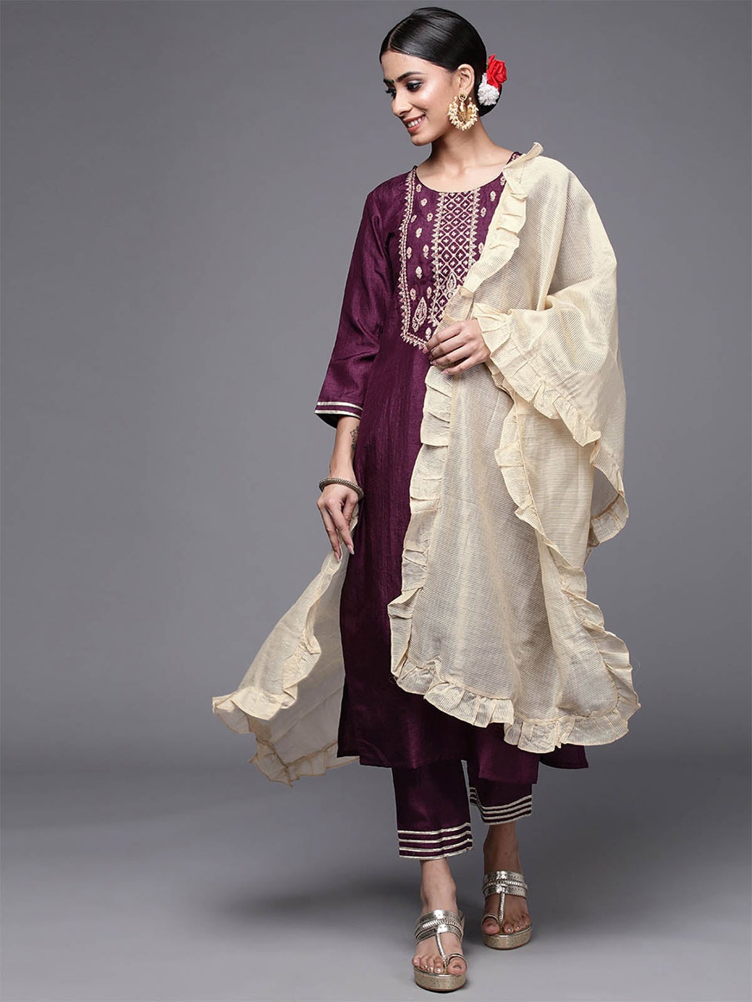 

ODETTE Women Purple Yoke Design Kurta with Trousers & With Dupatta