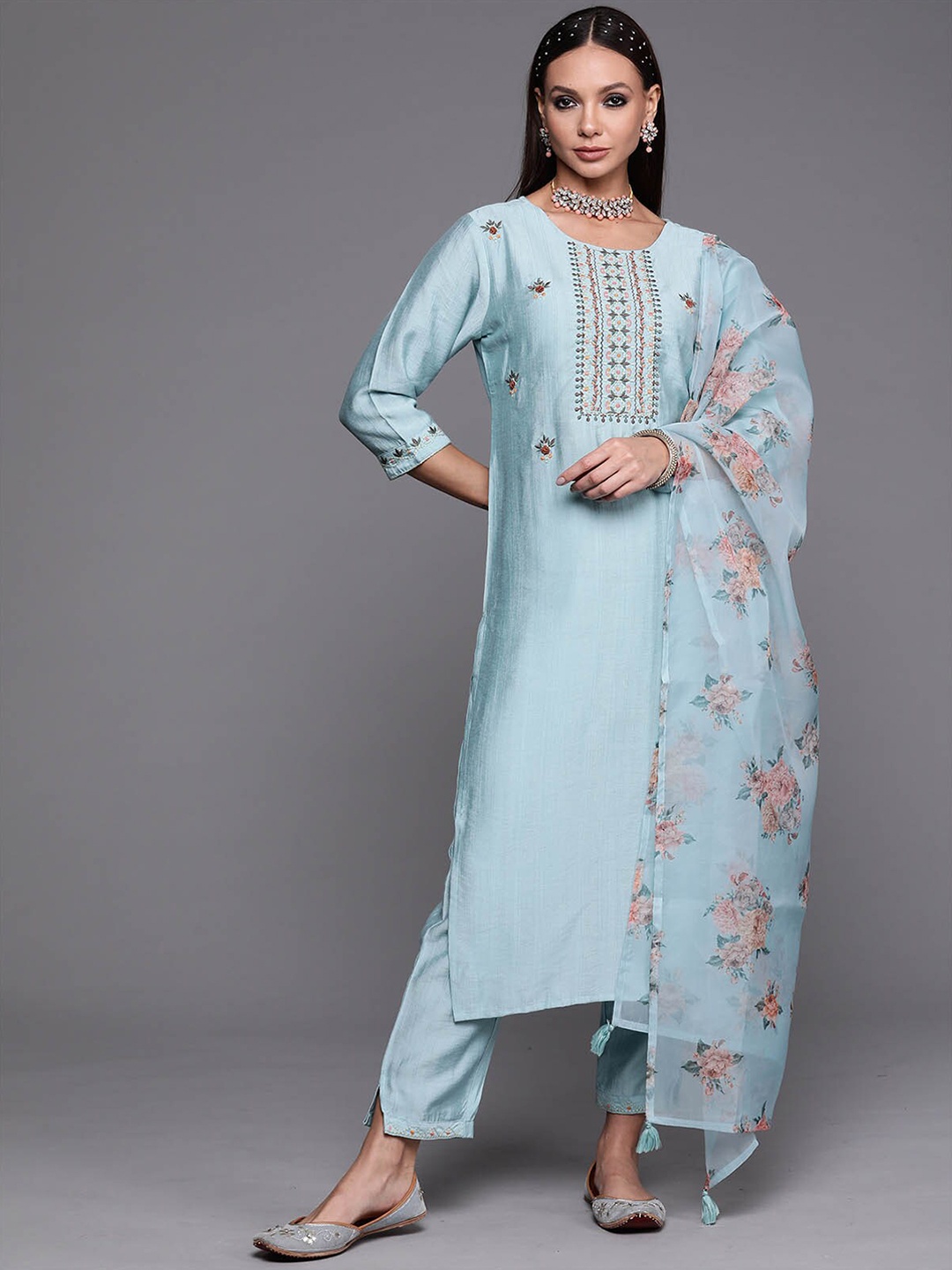 

ODETTE Women Blue Floral Thread Work Kurta with Trousers & With Dupatta