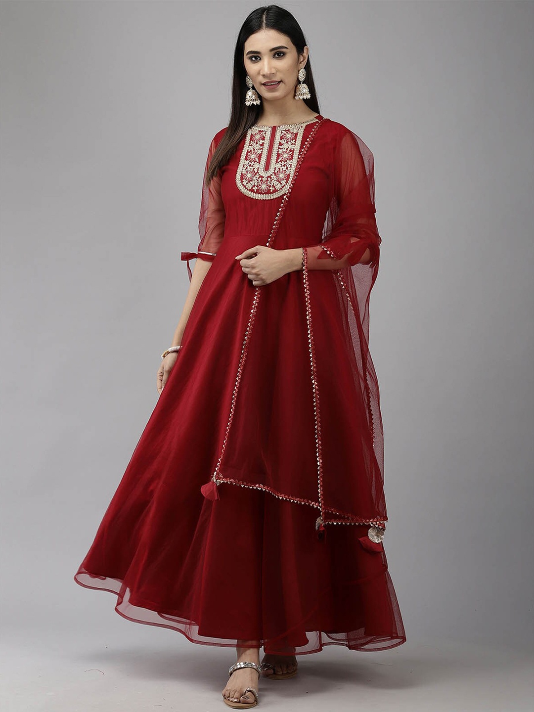 

ODETTE Women Maroon Embroidered Kurta with Trousers & With Dupatta