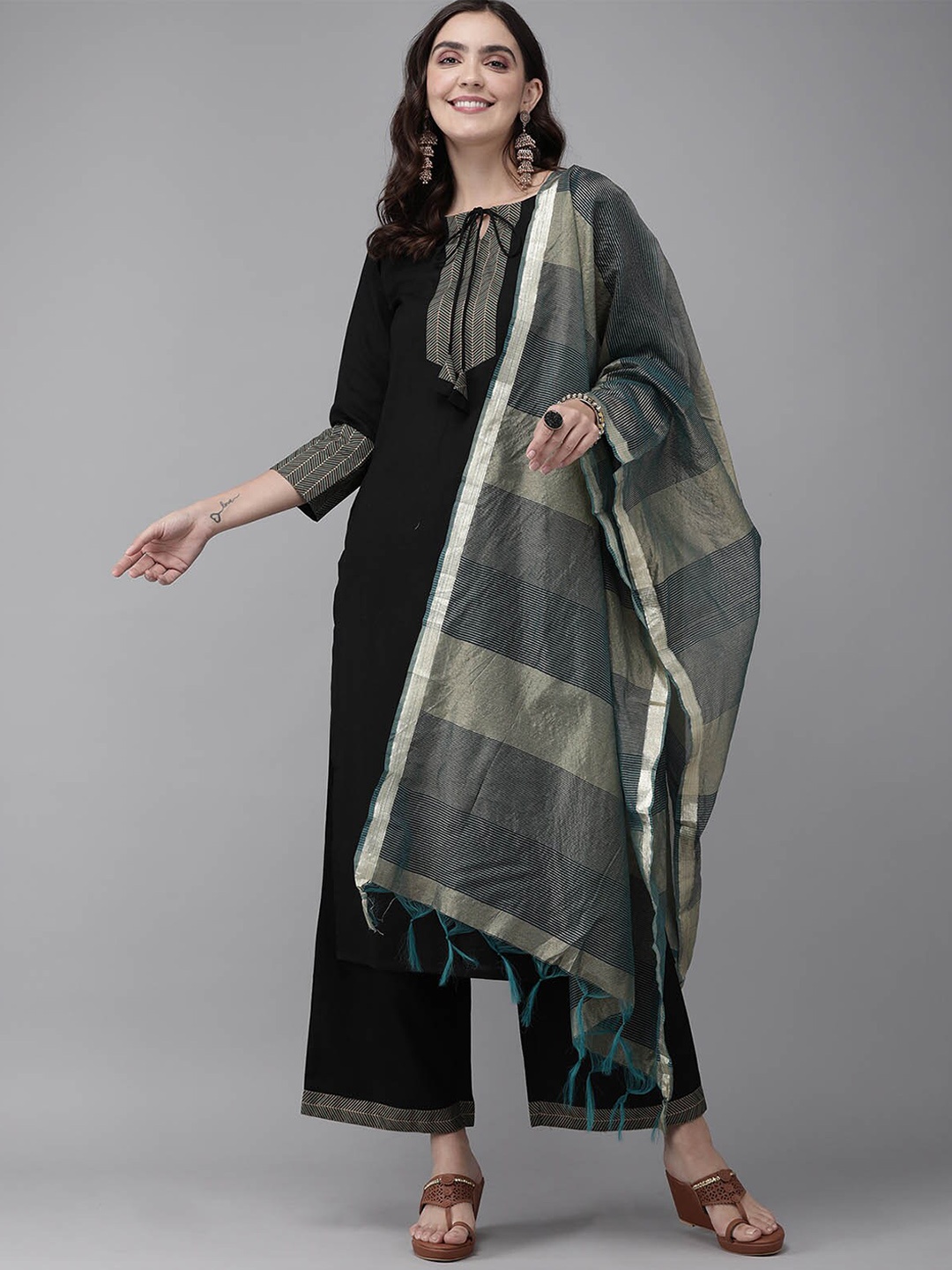 

ODETTE Women Black Kurta with Palazzos & With Dupatta
