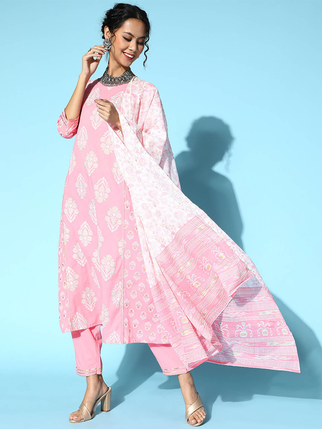 

ODETTE Women Pink Ethnic Motifs Printed Panelled Gotta Patti Kurta with Trousers & With Dupatta