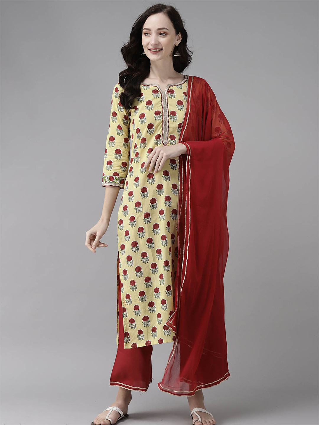 

ODETTE Women Yellow Floral Printed Gotta Patti Pure Cotton Kurta with Palazzos & With Dupatta