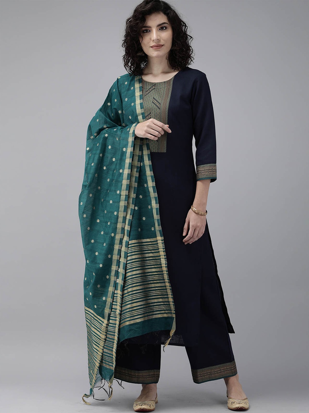 

ODETTE Women Navy Blue Yoke Design Patchwork Kurta with Palazzos & With Dupatta