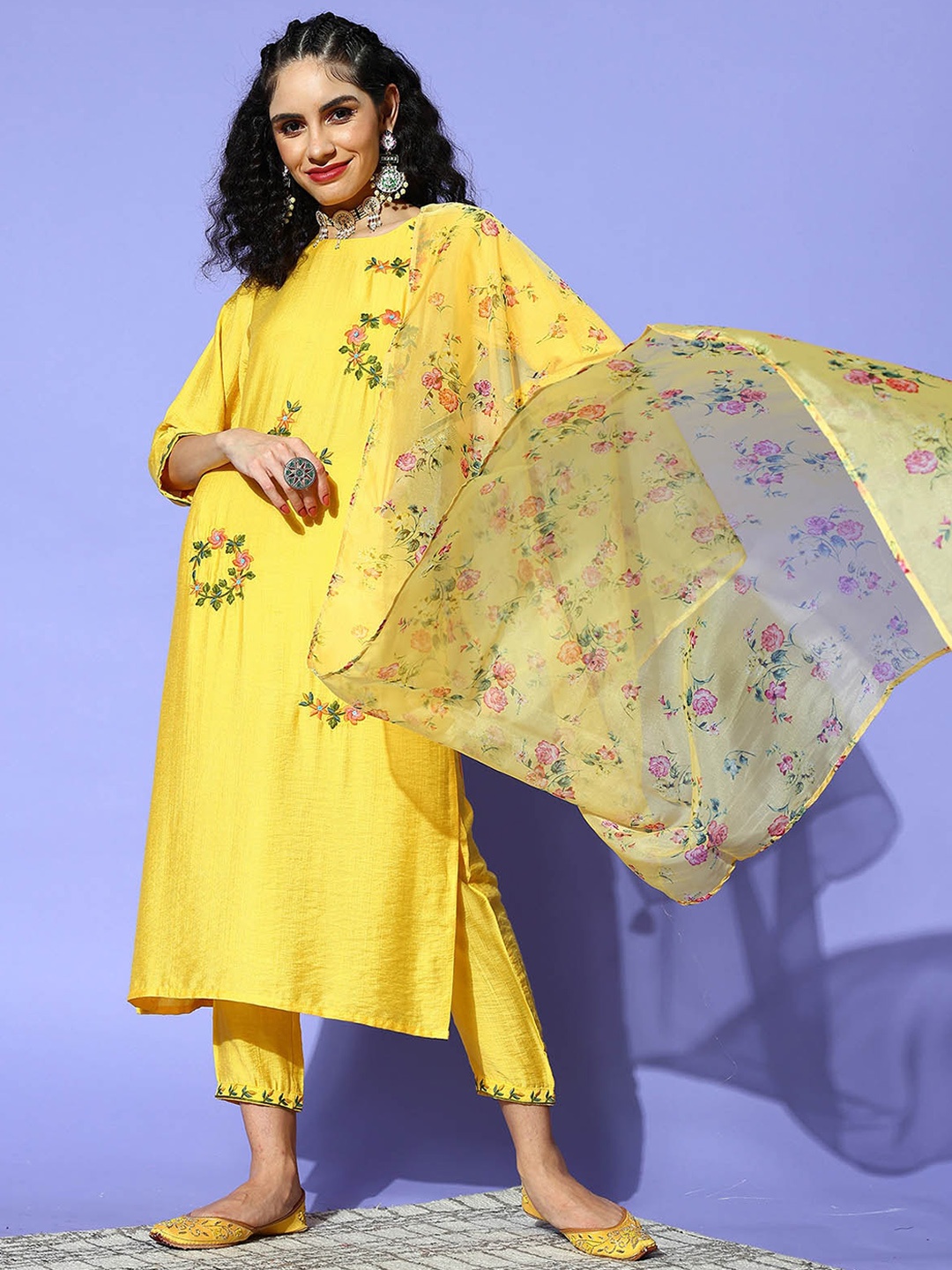 

ODETTE Women Yellow Floral Embroidered Thread Work Kurta with Trousers & With Dupatta