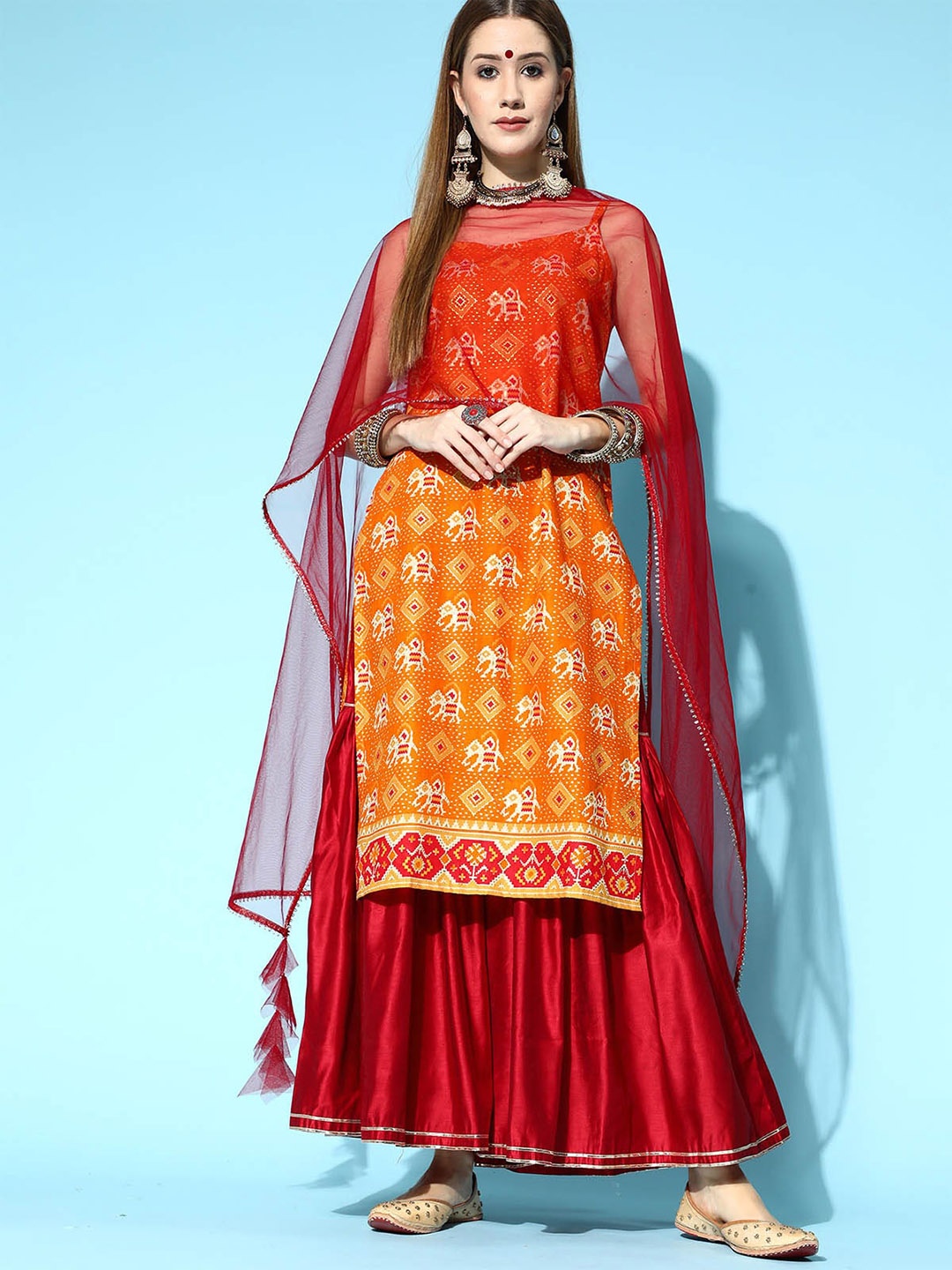 

ODETTE Women Orange Ethnic Motifs Printed Kurta with Sharara & With Dupatta