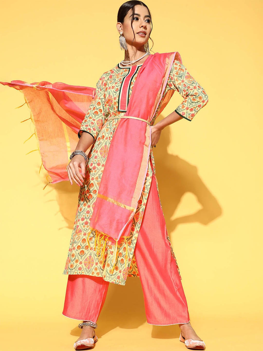 

ODETTE Women Yellow Floral Printed Patchwork Kurta with Palazzos & With Dupatta