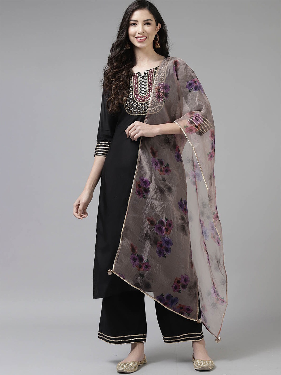 

ODETTE Women Black Floral Embroidered Sequinned Kurta with Trousers & With Dupatta