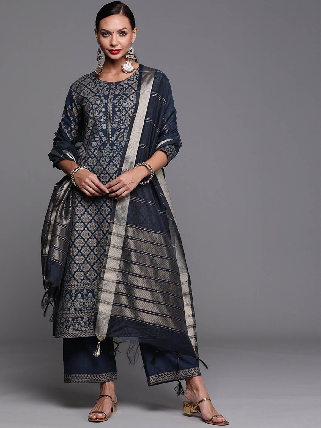 

ODETTE Women Navy Blue Ethnic Motifs Printed Kurta with Palazzos & With Dupatta