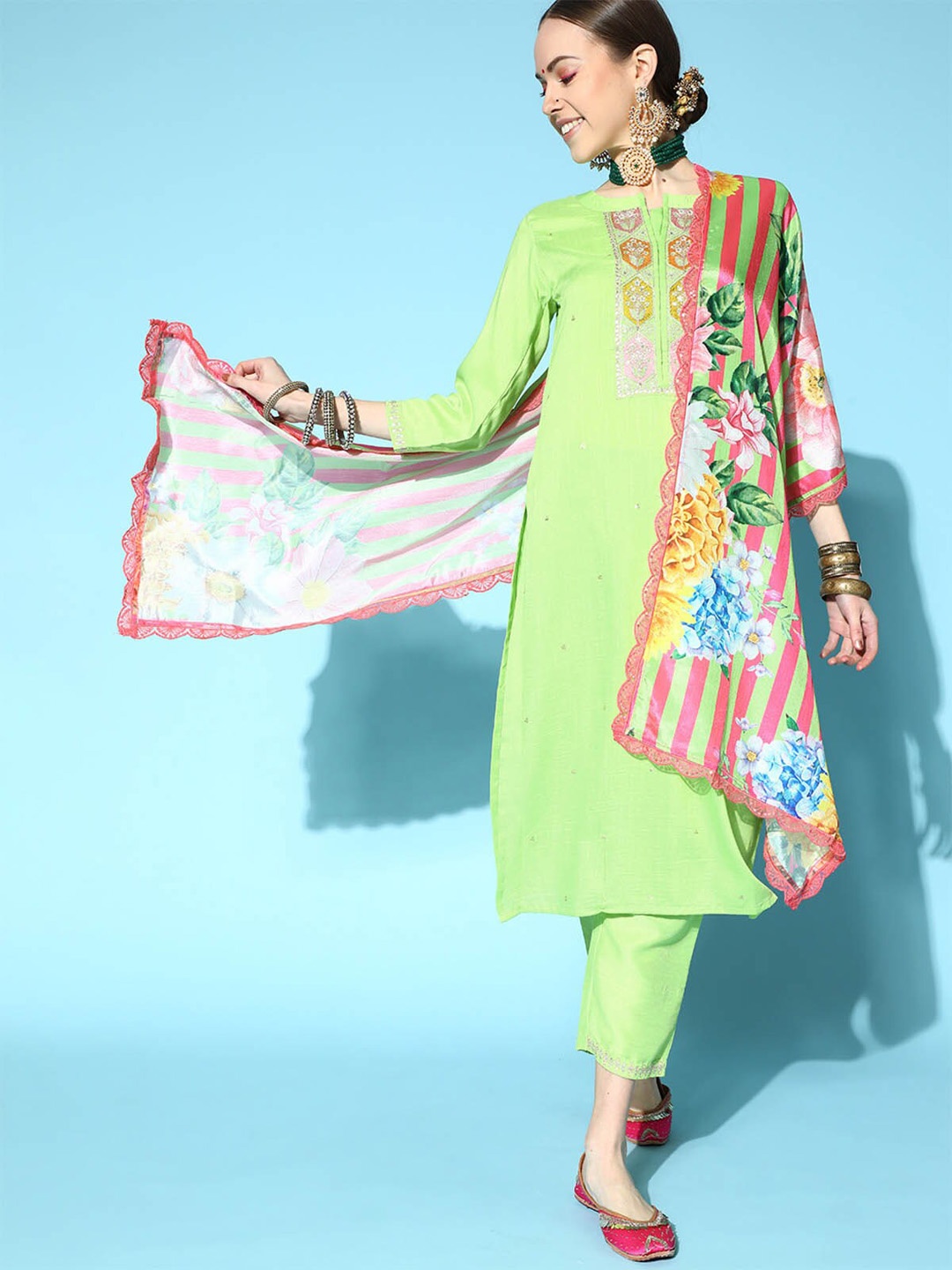 

ODETTE Women Lime Green Floral Embroidered Sequinned Kurta with Trousers & With Dupatta