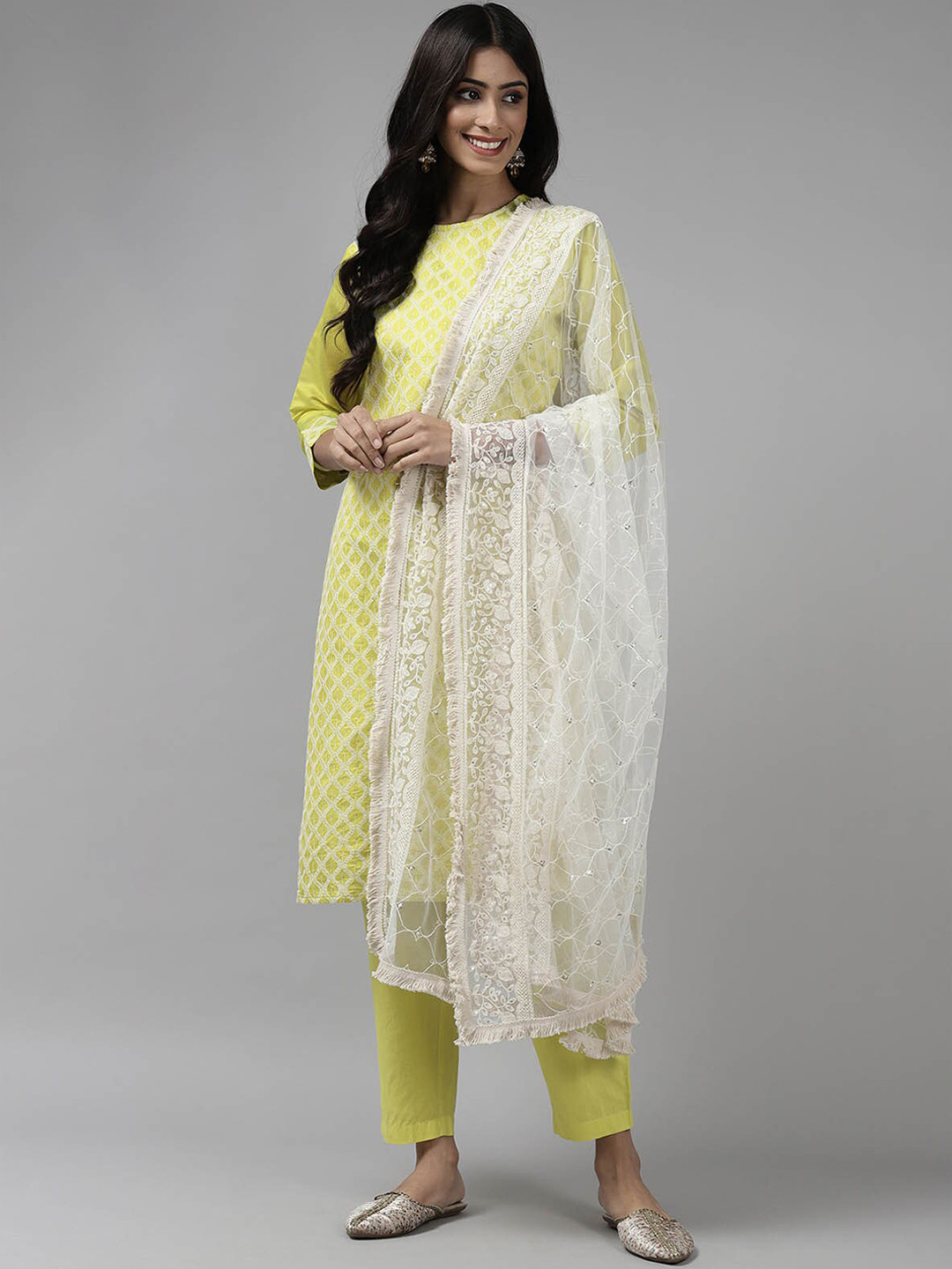

ODETTE Women Lime Green Embroidered Sequinned Chanderi Cotton Kurta Set