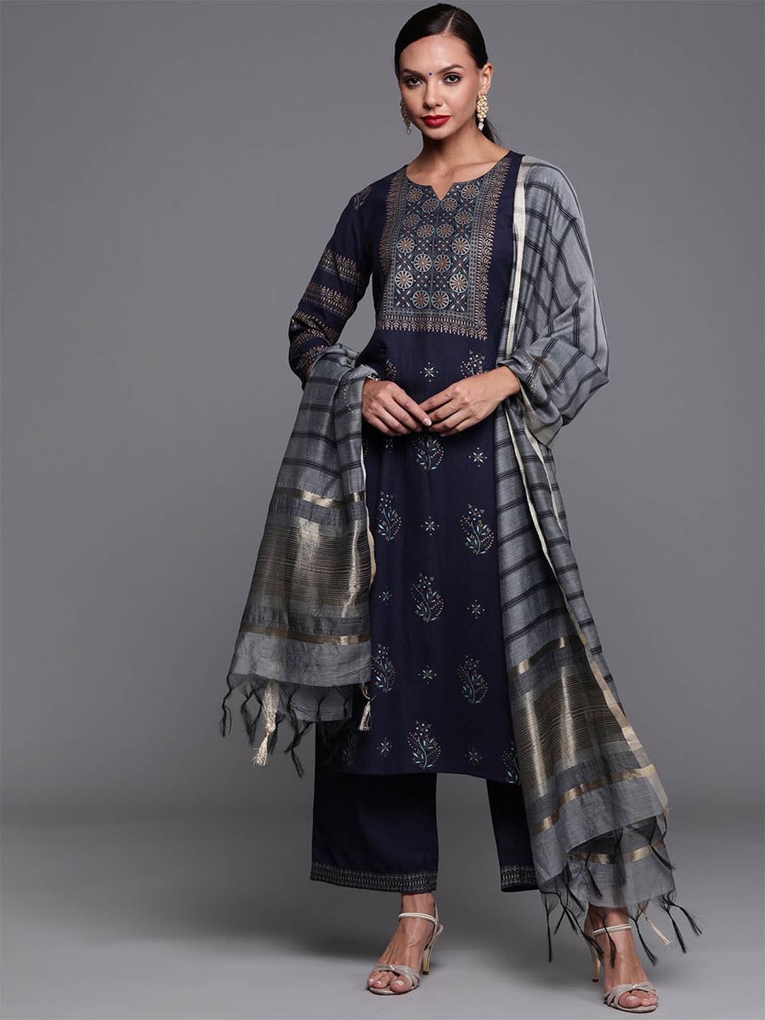 

ODETTE Women Navy Blue Printed Kurta with Palazzos & With Dupatta