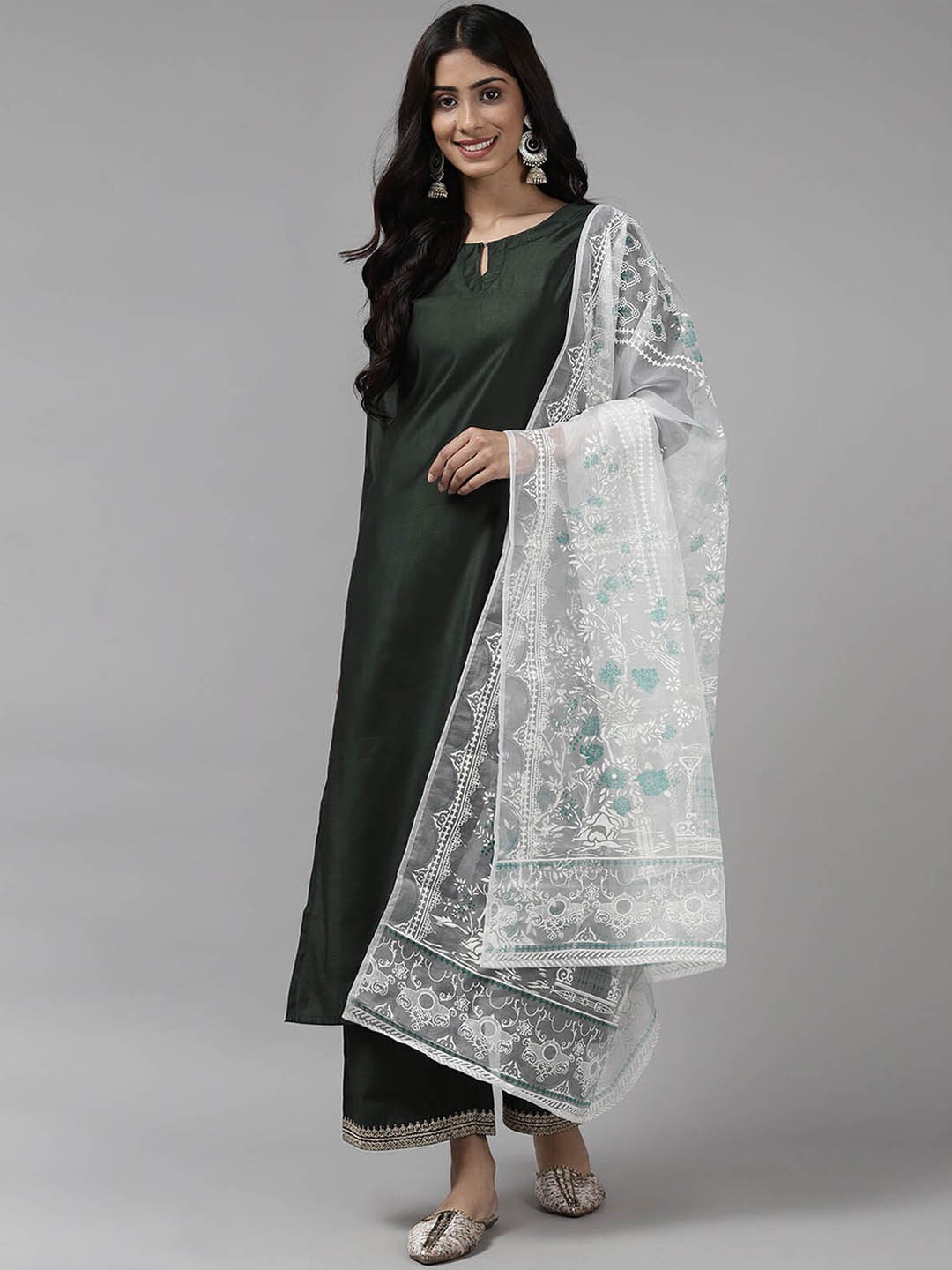 

ODETTE Women Green Kurta with Palazzos & With Dupatta