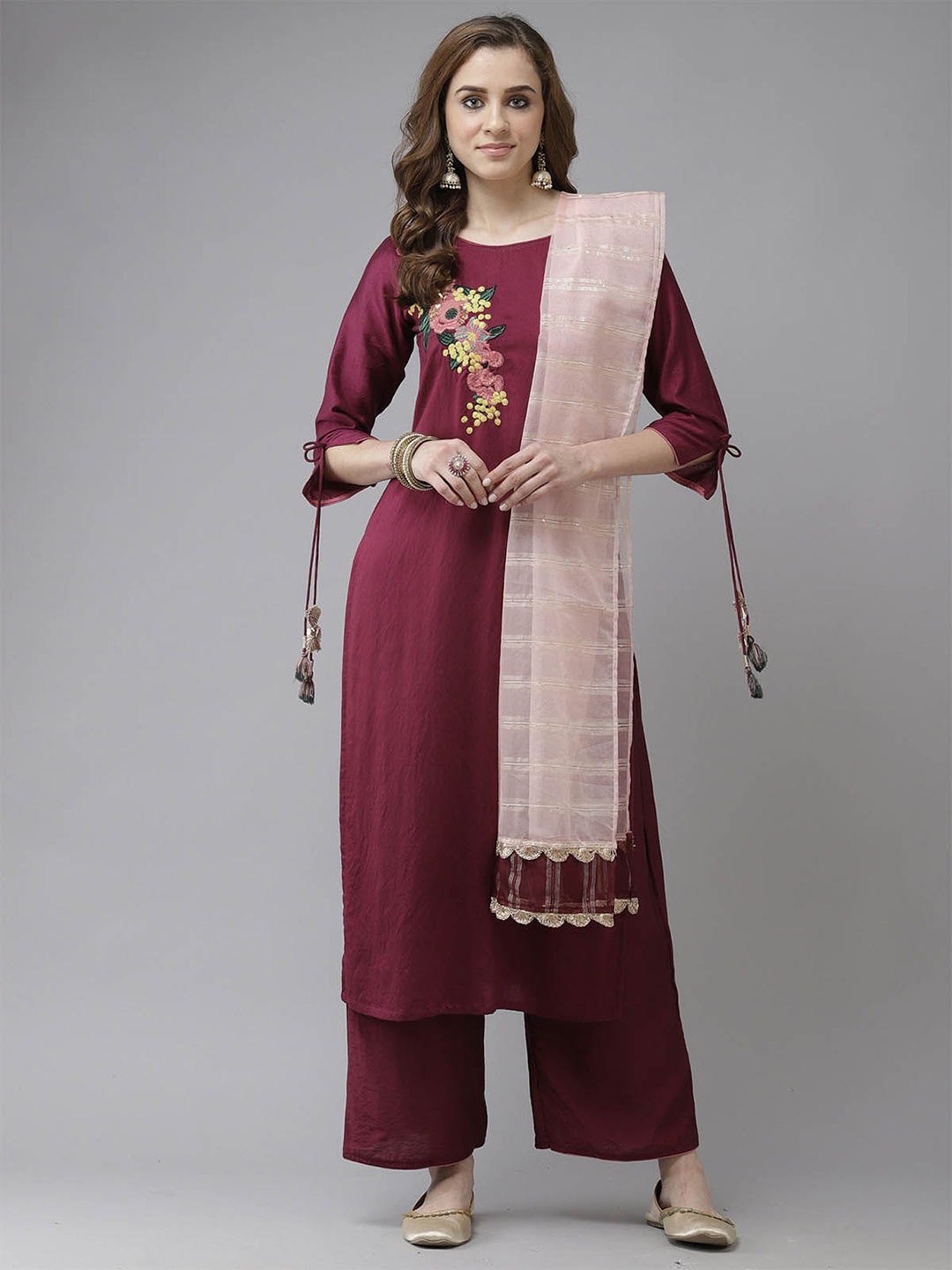 

ODETTE Maroon Floral Embroidered Kurta with Palazzos & With Dupatta