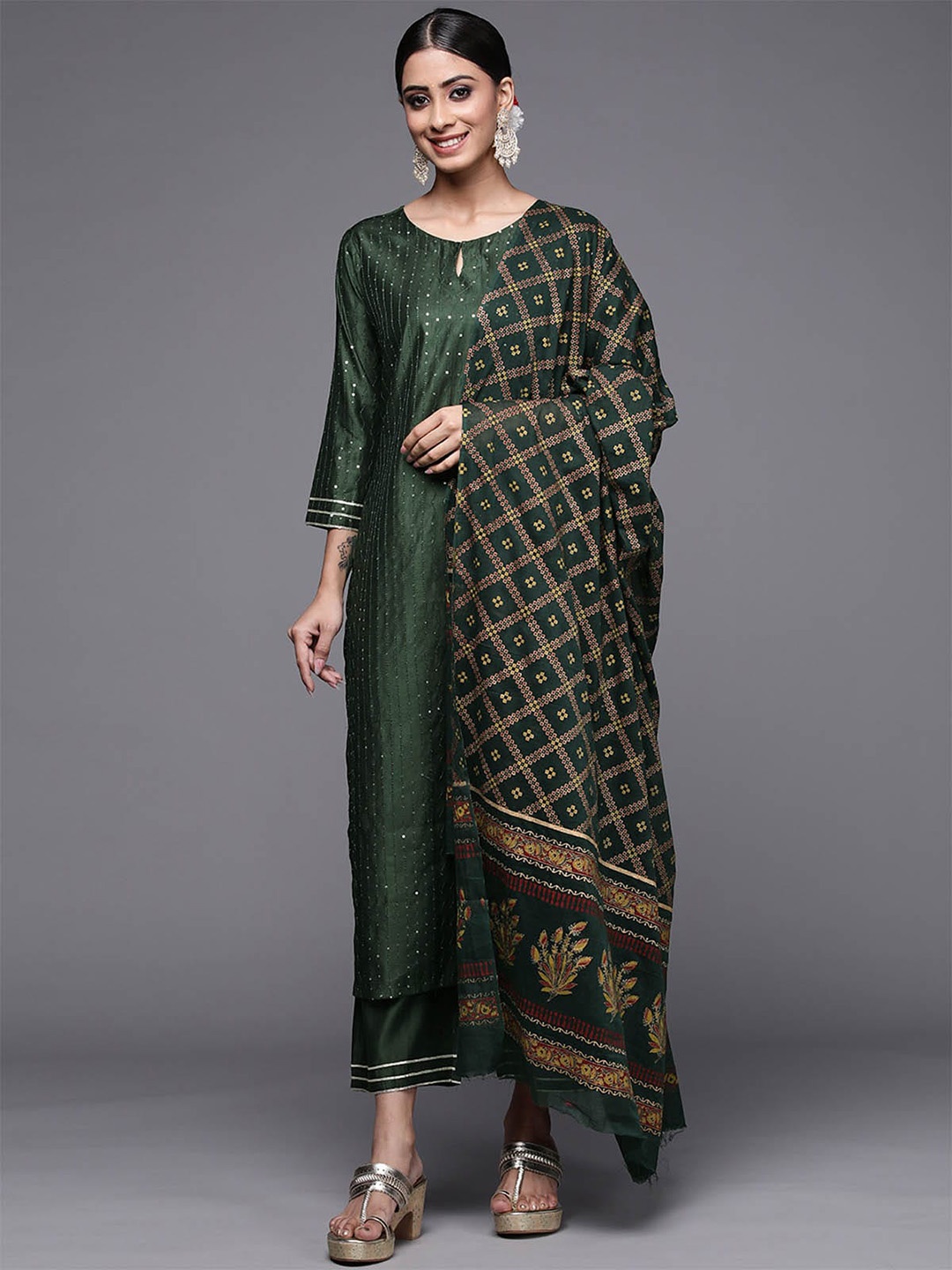 

ODETTE Women Green Kurta with Palazzos & With Dupatta