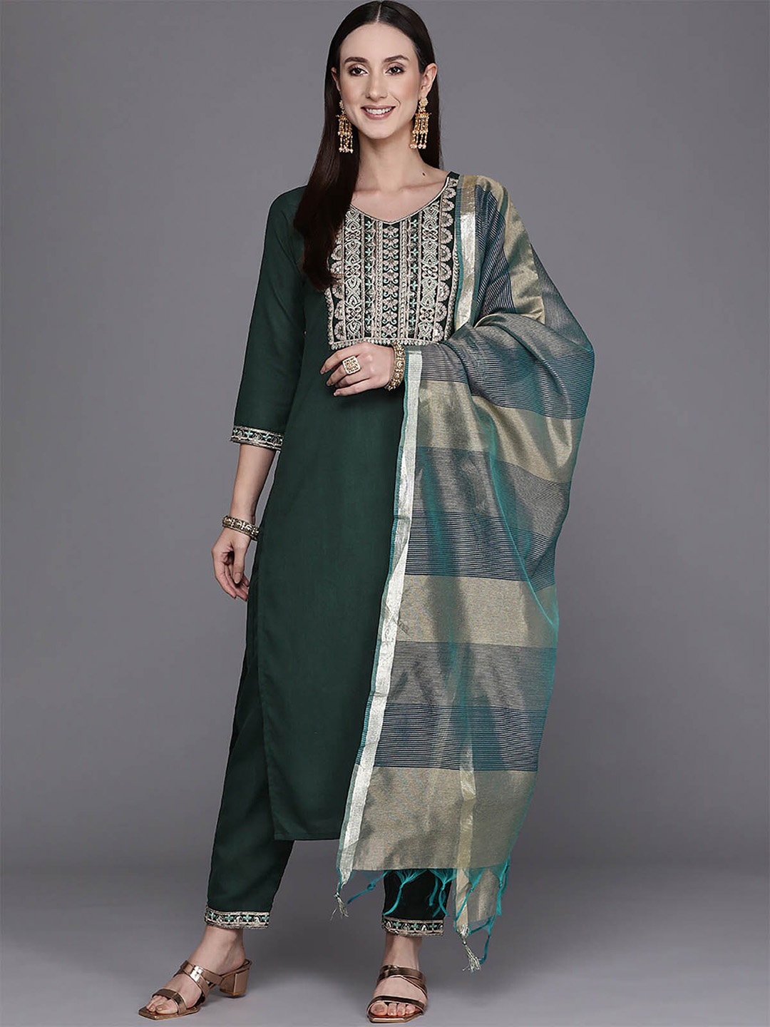 

ODETTE Women Green Yoke Design Sequinned Kurta with Palazzos & With Dupatta