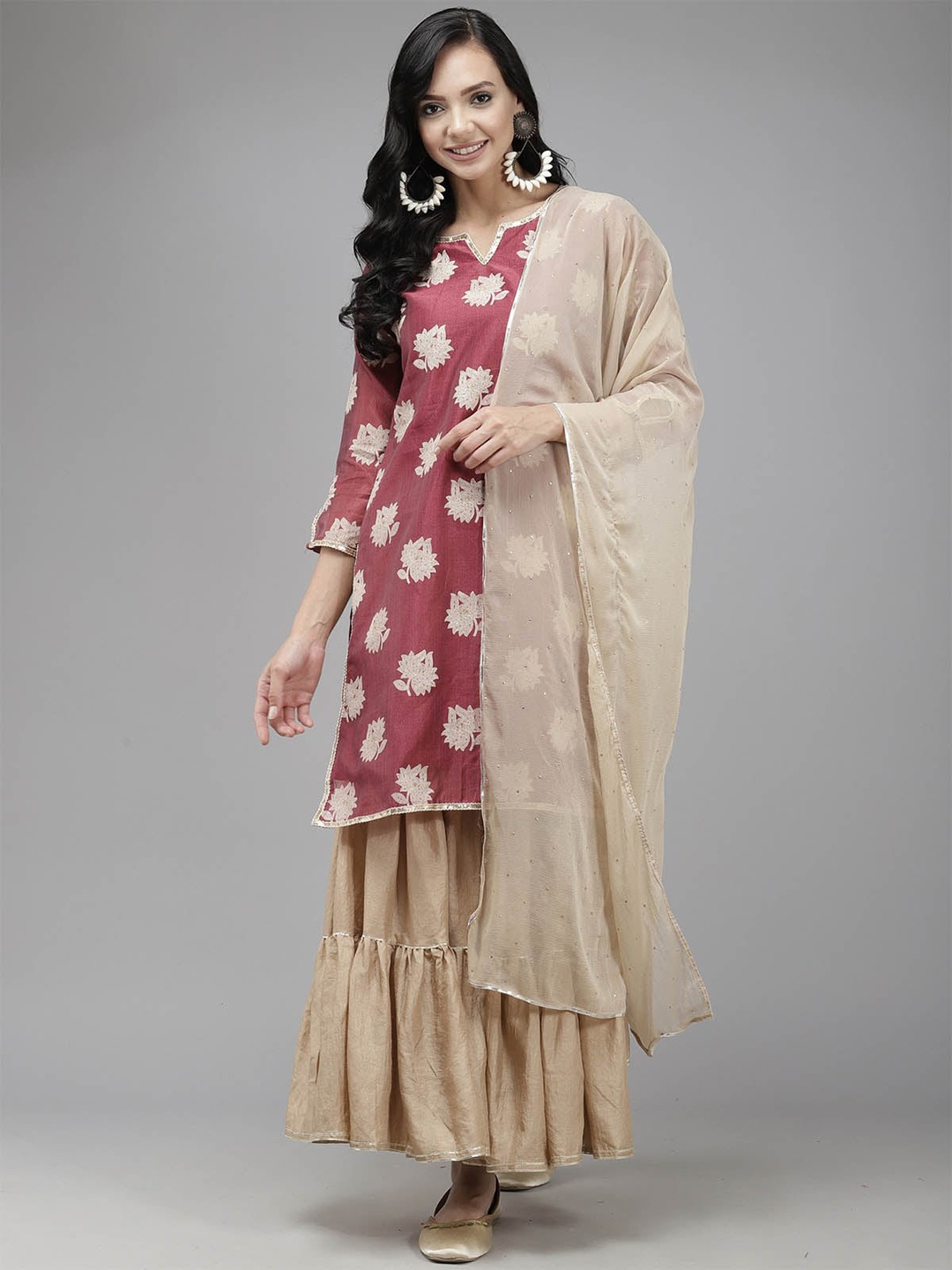 

ODETTE Women Maroon Printed Gotta Patti Chanderi Silk Kurta with Sharara & With Dupatta