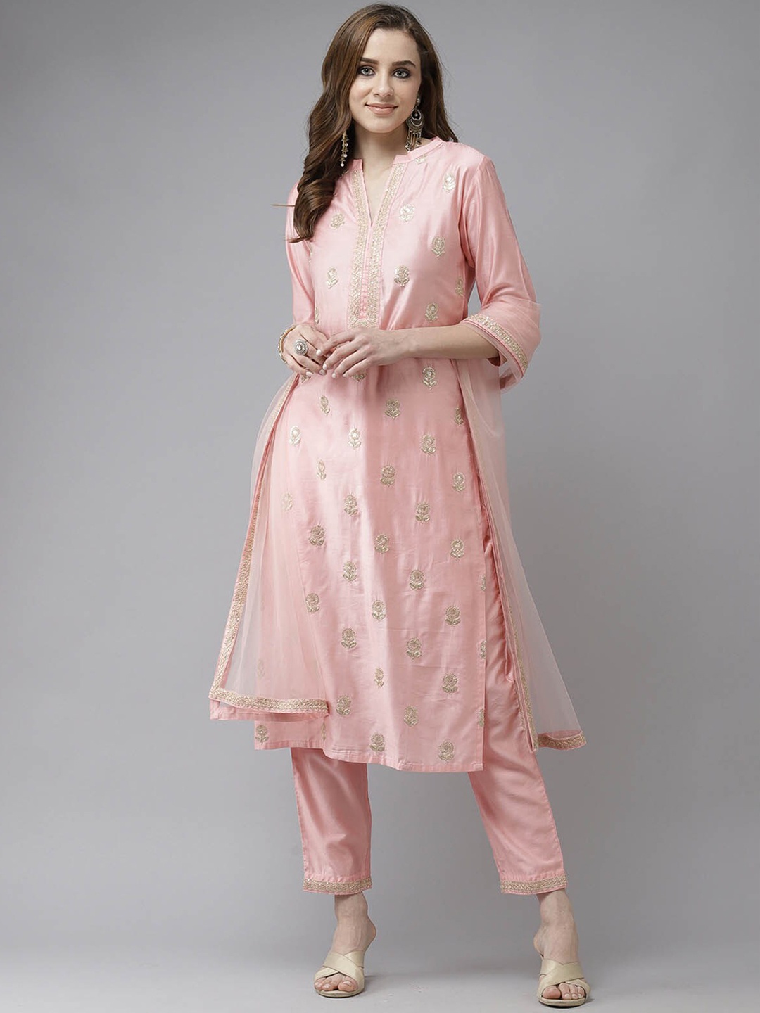 

ODETTE Women Pink Ethnic Motifs Embroidered Sequinned Kurta with Trousers & With Dupatta