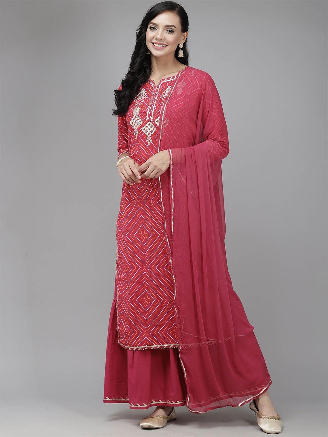 

ODETTE Women Pink Bandhani Printed Gotta Patti Kurta with Sharara & With Dupatta