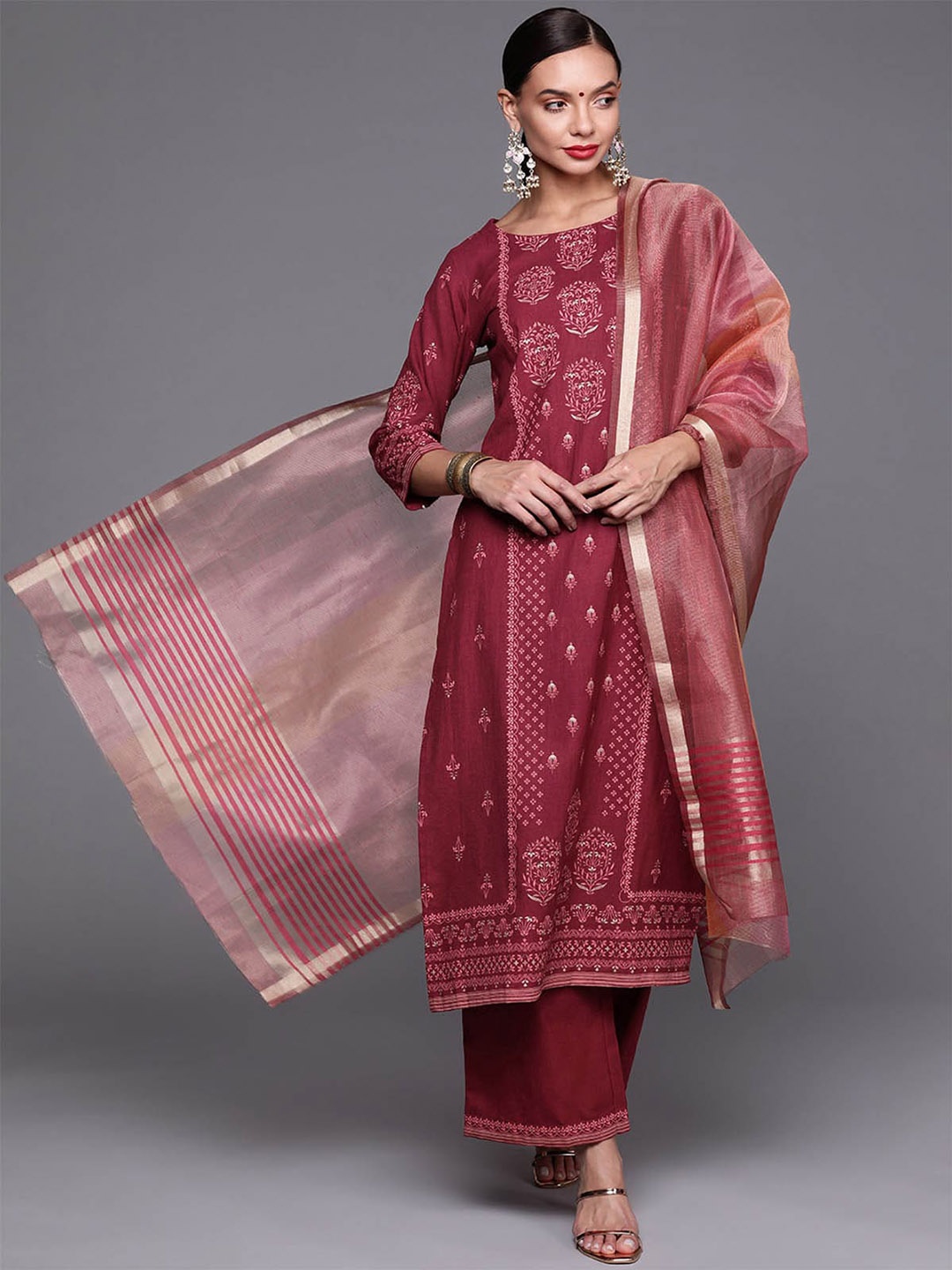 

ODETTE Women Maroon Ethnic Motifs Printed Kurta with Palazzos & With Dupatta