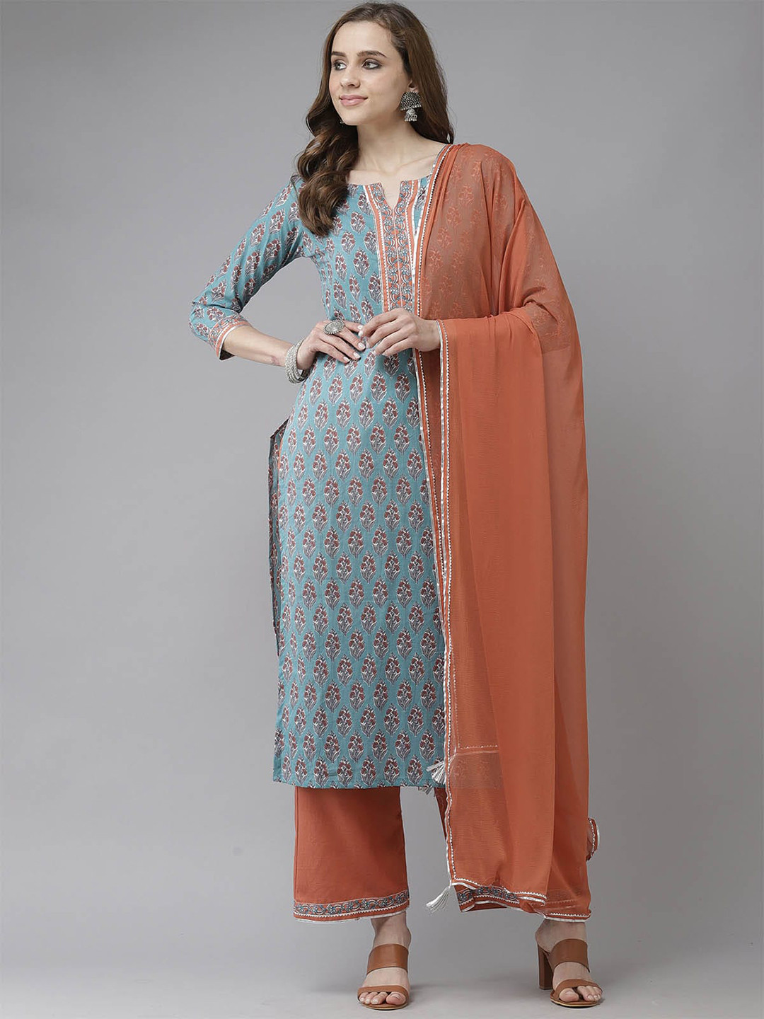 

ODETTE Women Blue Ethnic Motifs Printed Gotta Patti Kurta with Palazzos & With Dupatta