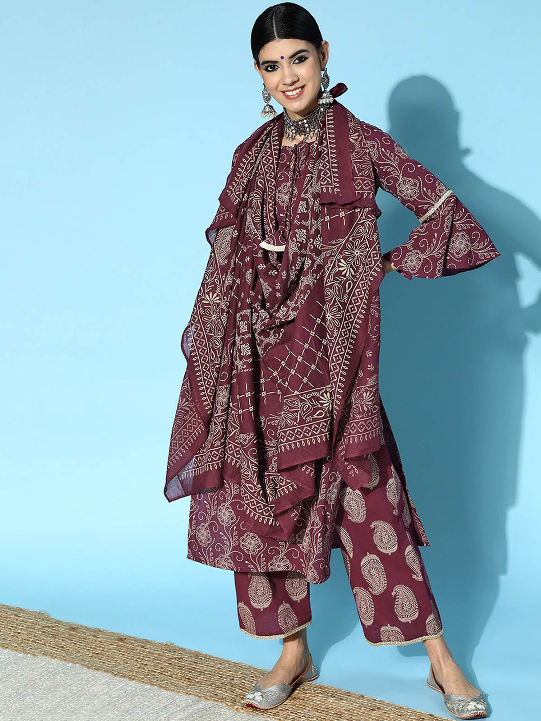 

ODETTE Women Maroon Ethnic Motifs Printed Sequinned Kurta with Palazzos & With Dupatta