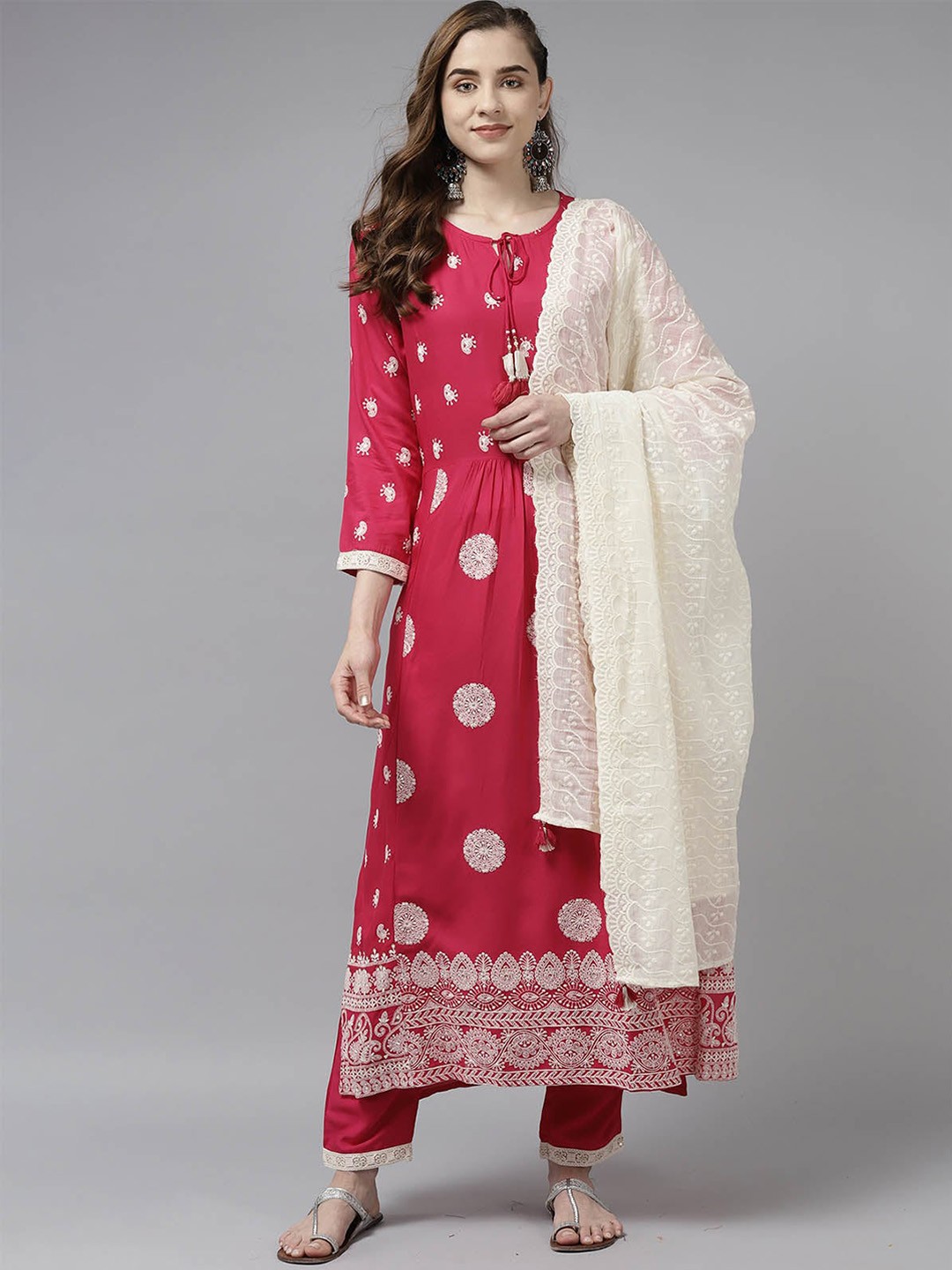 

ODETTE Women Pink Ethnic Motifs Embroidered Thread Work Kurta with Trousers & With Dupatta