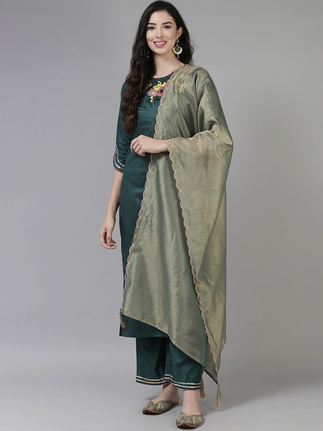 

ODETTE Women Teal Floral Embroidered Thread Work Kurta with Palazzos & With Dupatta