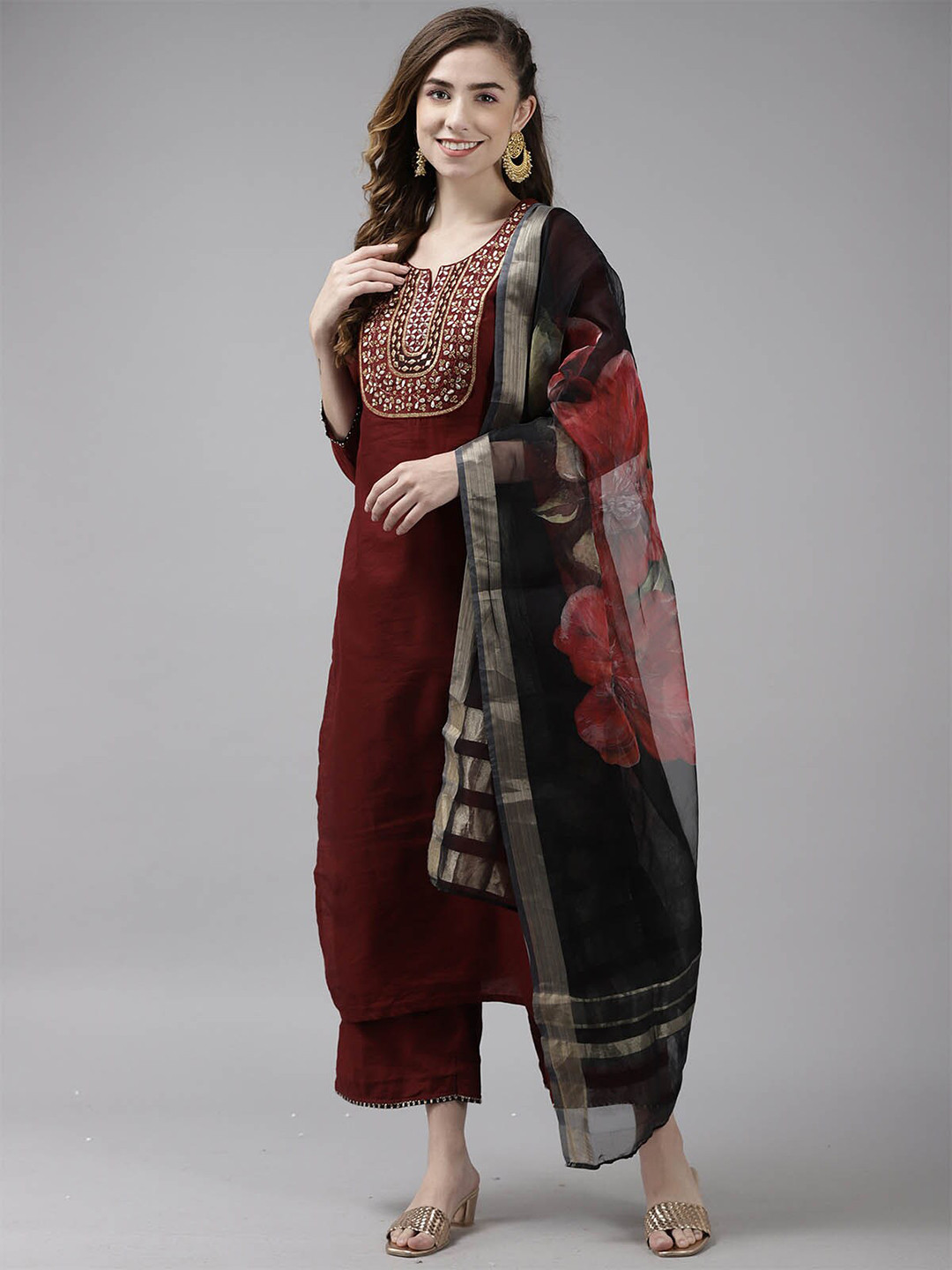 

ODETTE Women Maroon Ethnic Motifs Embroidered Sequinned Kurta with Trousers & With Dupatta