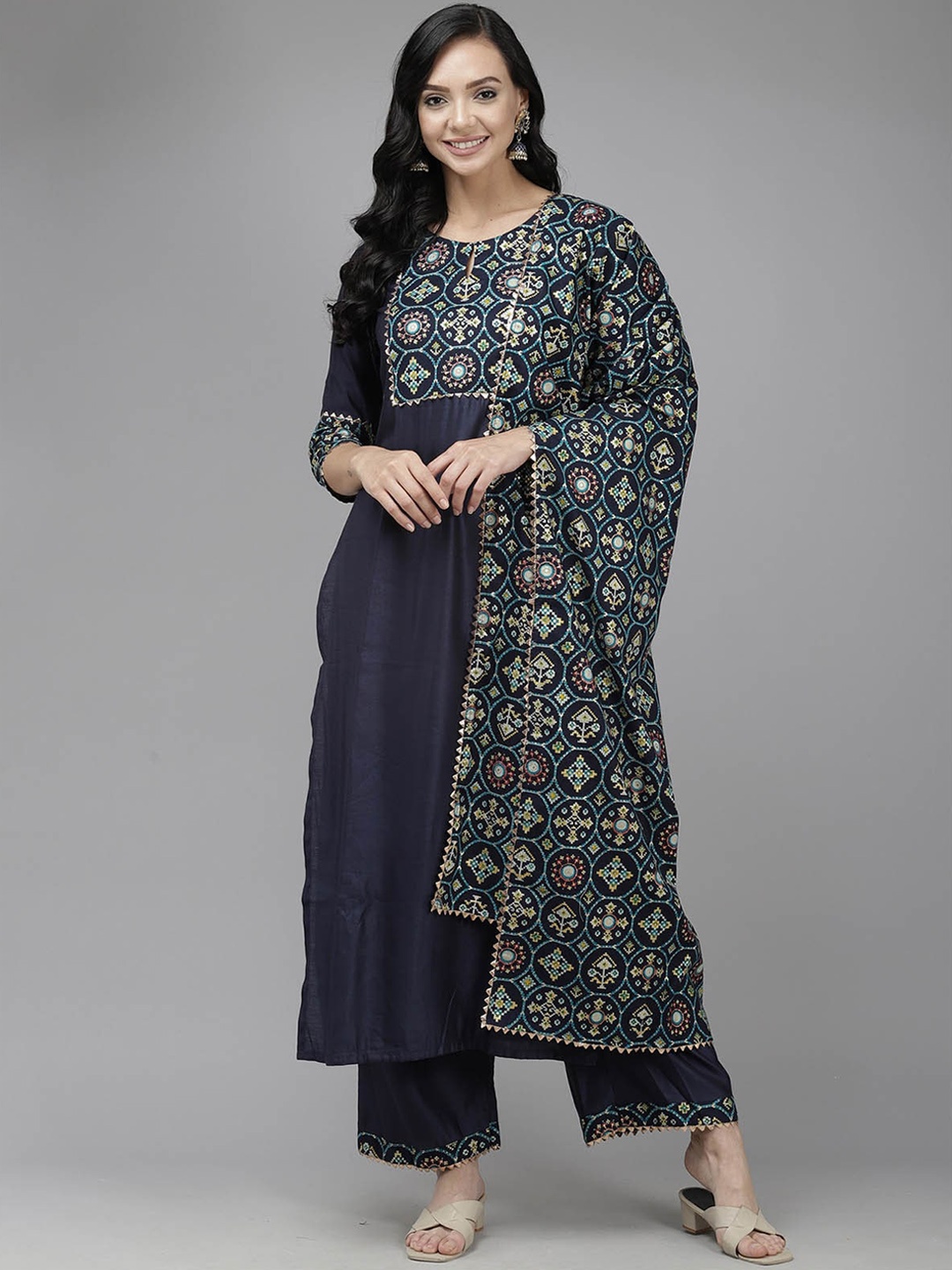 

ODETTE Women Navy Blue Ethnic Motifs Yoke Design Gotta Patti Kurta with Trousers & With Dupatta