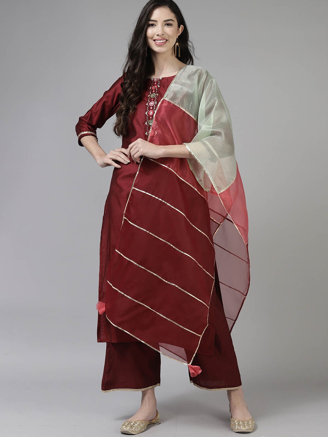

ODETTE Women Maroon Thread Work Kurta with Palazzos & With Dupatta