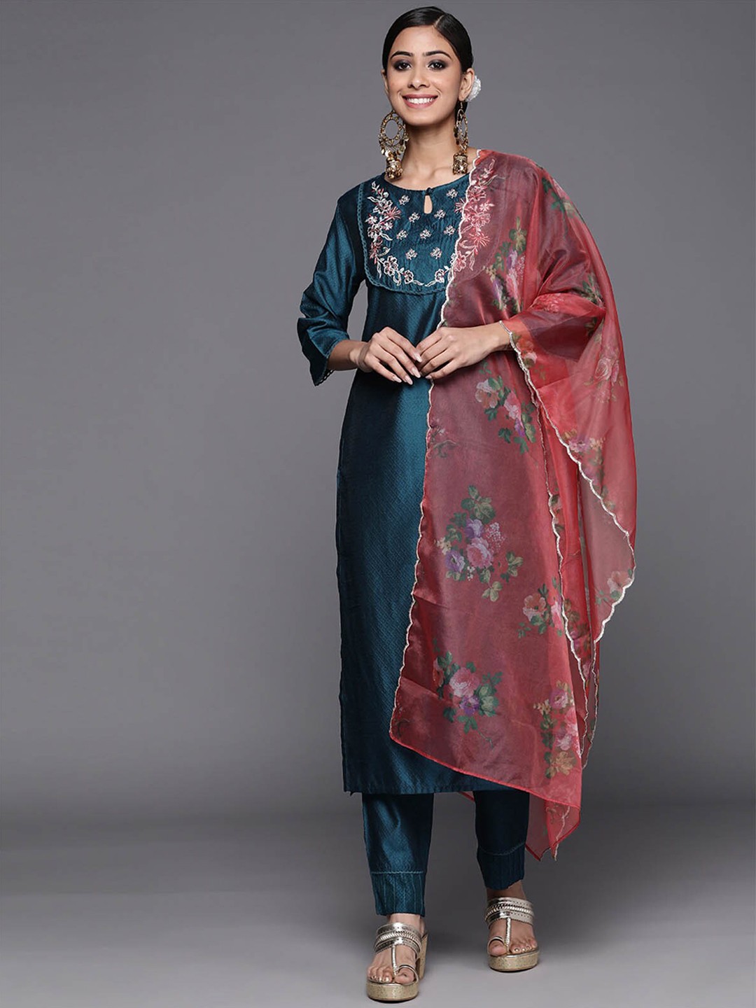 

ODETTE Women Blue Ethnic Motifs Embroidered Kurta with Trousers & With Dupatta