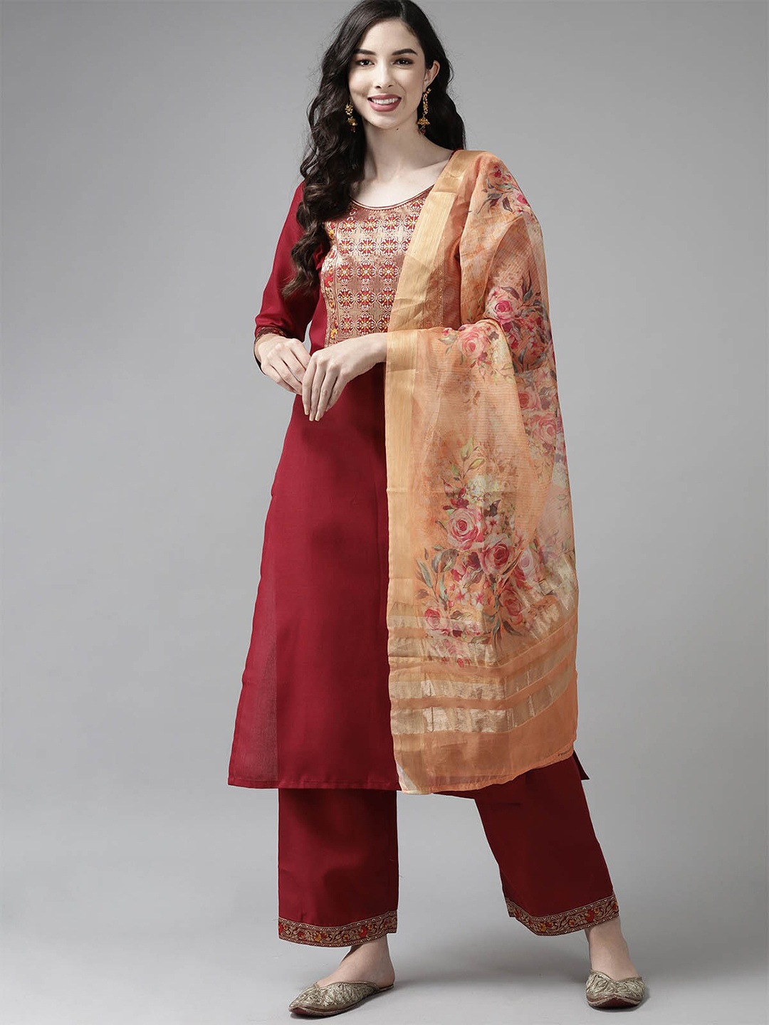 

ODETTE Women Maroon Ethnic Motifs Yoke Design Kurta with Palazzos & With Dupatta