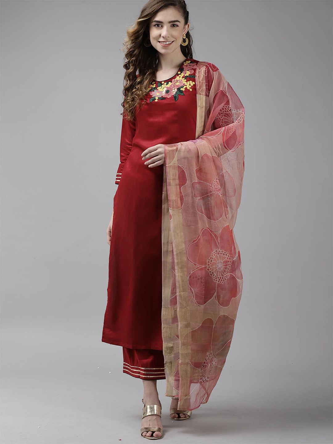 

ODETTE Women Red Floral Embroidered Thread Work Kurta with Palazzos & With Dupatta