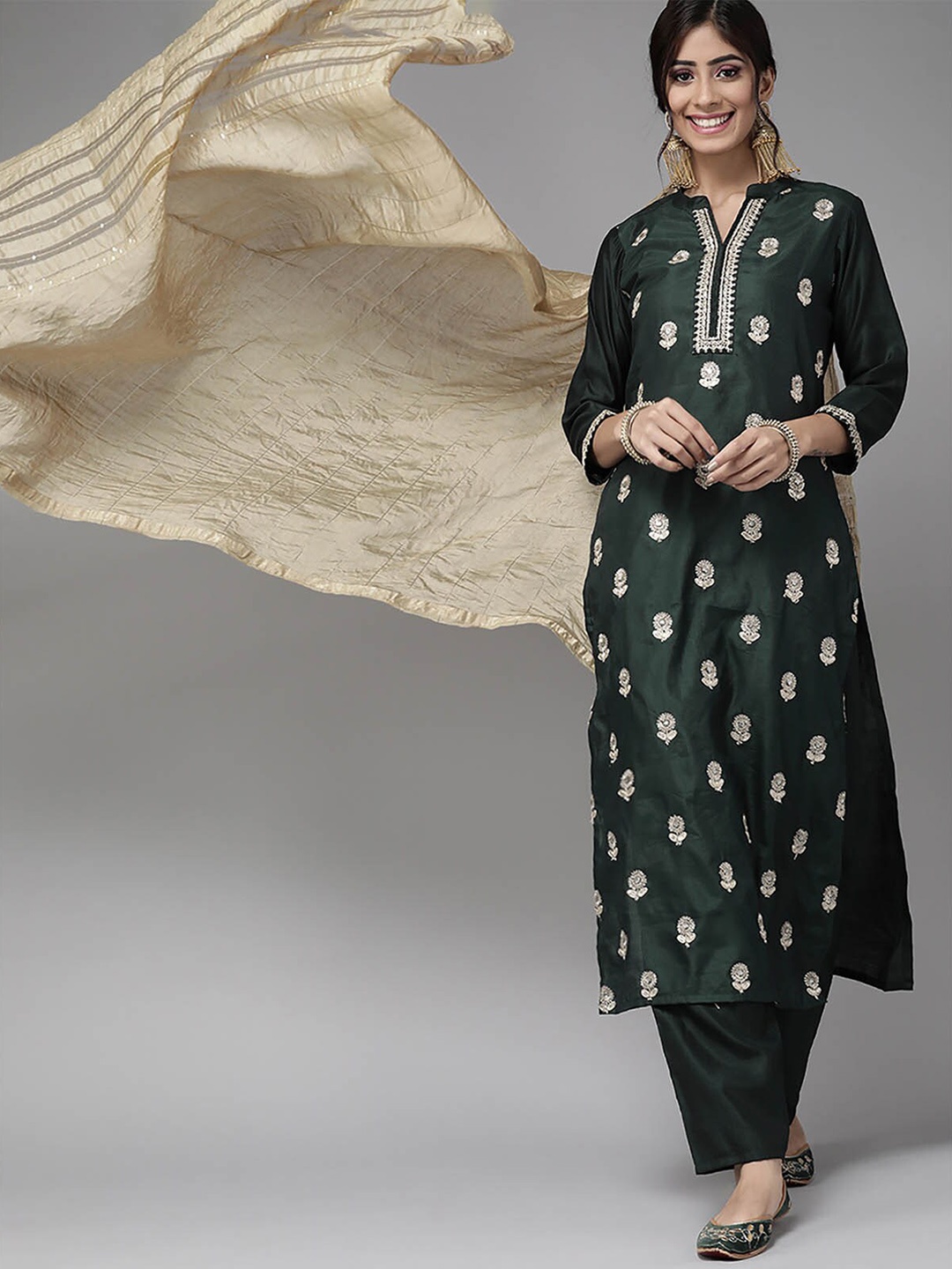 

ODETTE Women Green Floral Embroidered Sequinned Kurta with Palazzos & With Dupatta