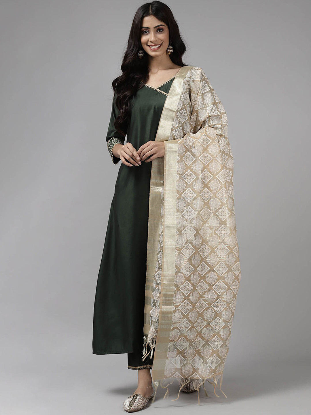 

ODETTE Women Green Angrakha Kurta with Trousers & With Dupatta