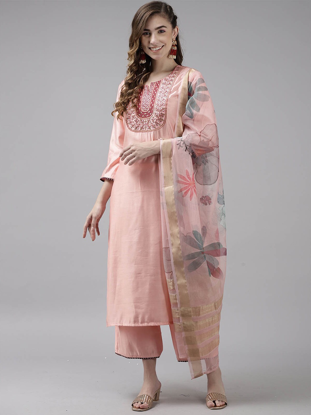 

ODETTE Women Pink Ethnic Motifs Embroidered Thread Work Kurta with Trousers & With Dupatta