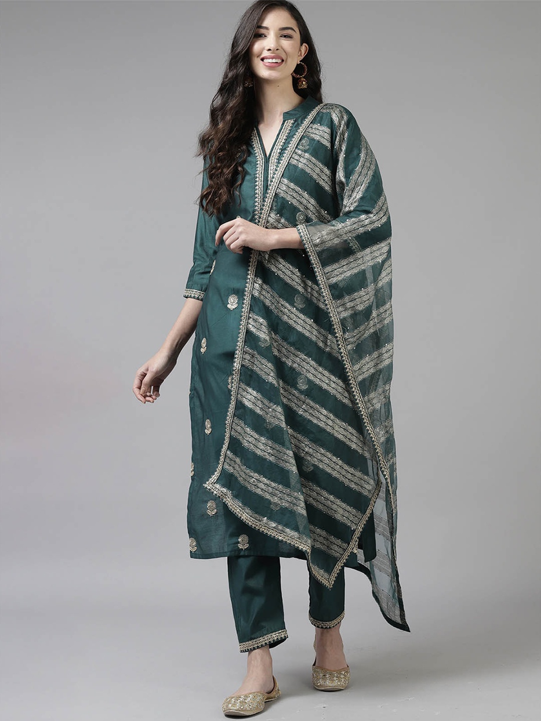 

ODETTE Women Teal Floral Embroidered Kurta with Trousers & With Dupatta